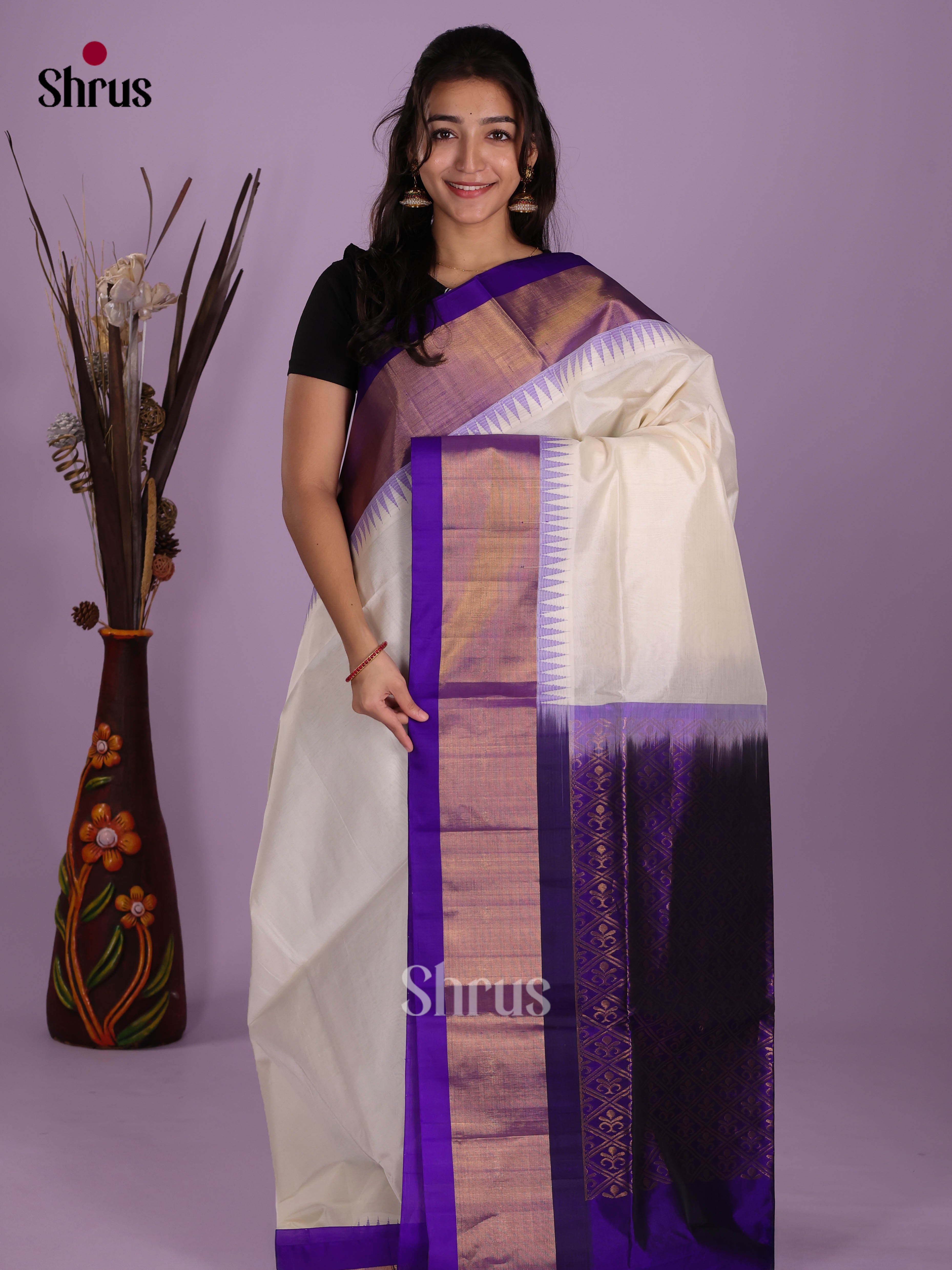 Off White & Blue - Silk Cotton Saree - Shop on Shrus.com
