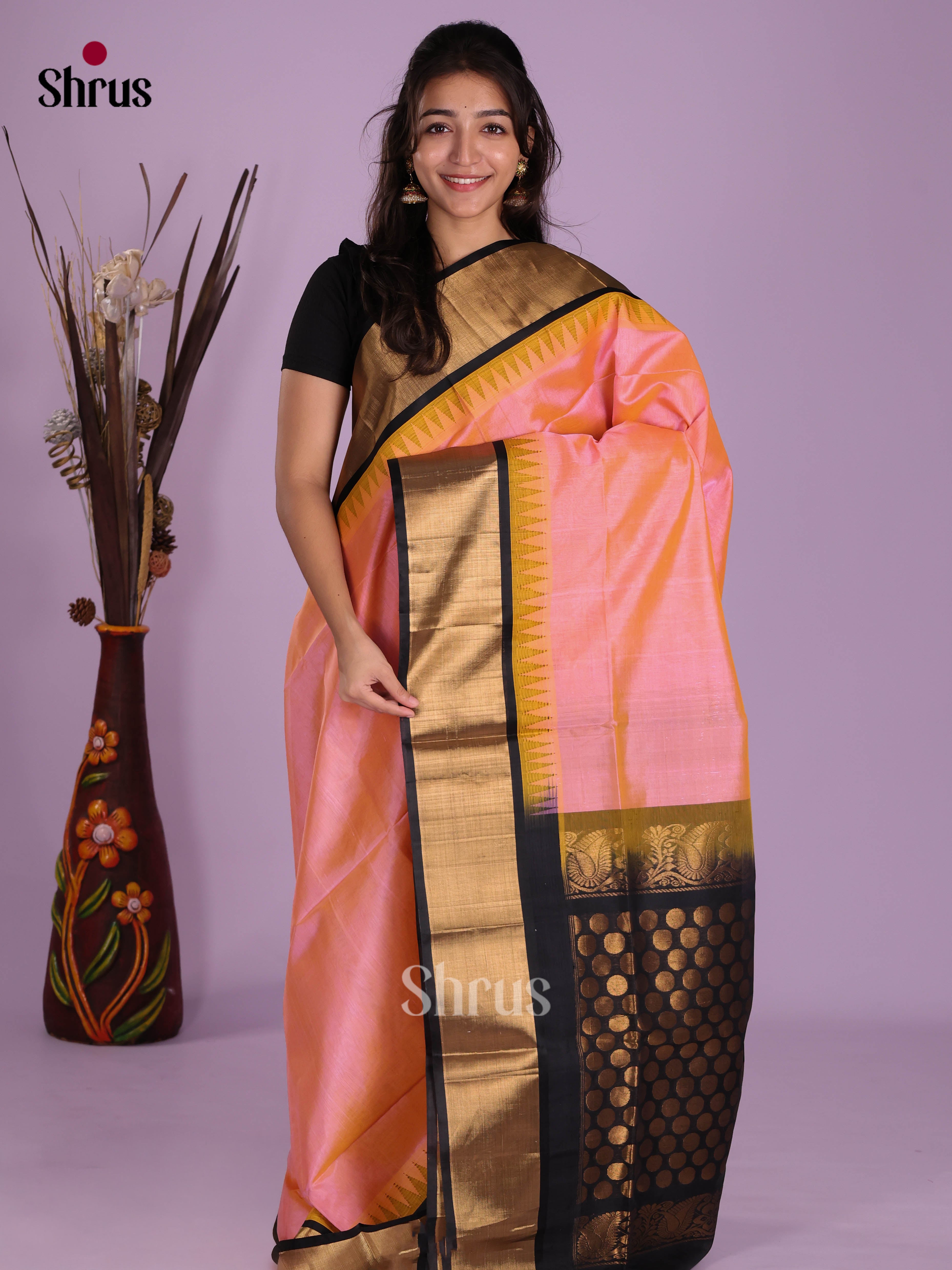 Peach & Black- Silk Cotton Saree