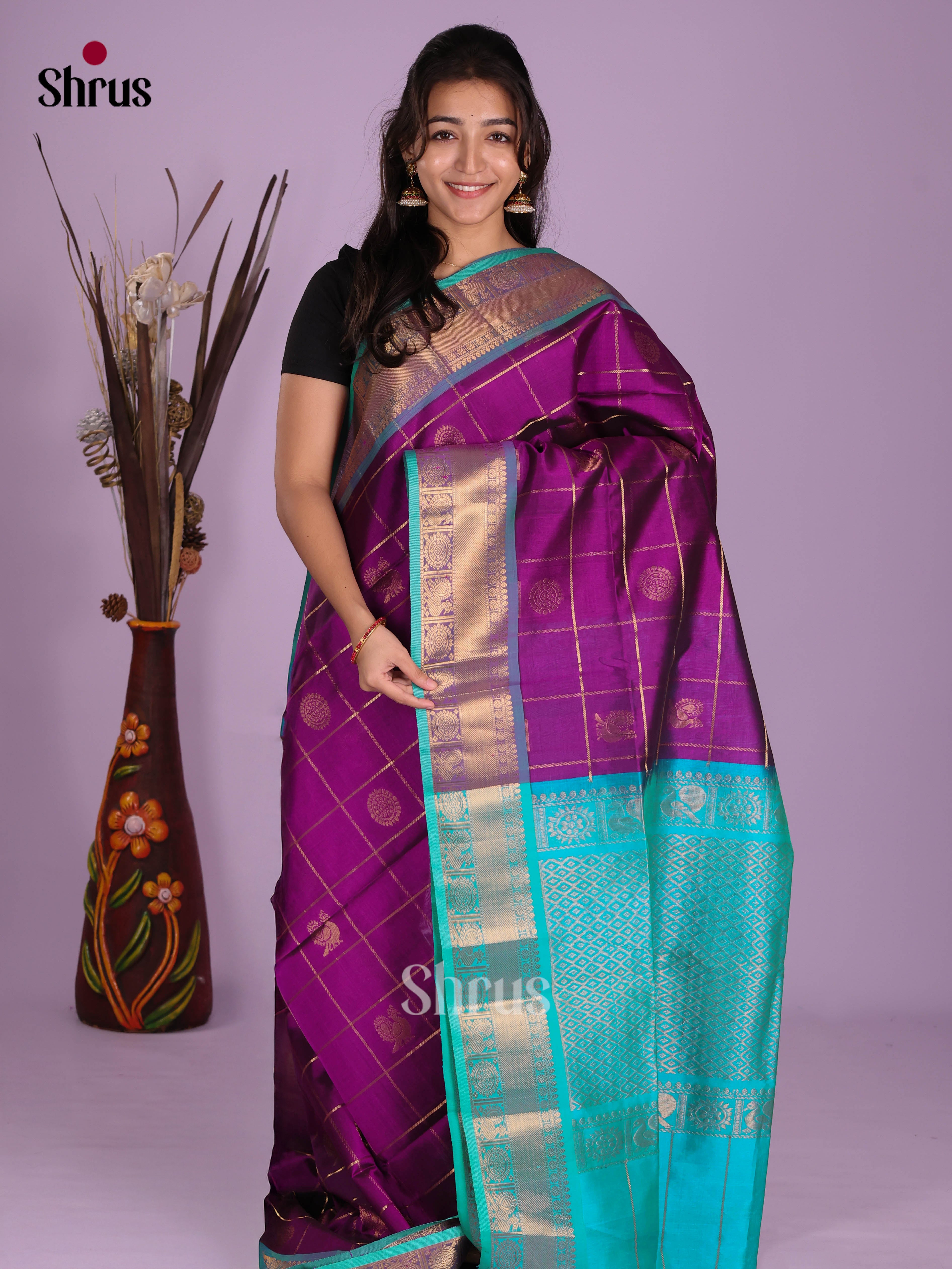 Purple & Blue - Silk Cotton Saree - Shop on Shrus.com