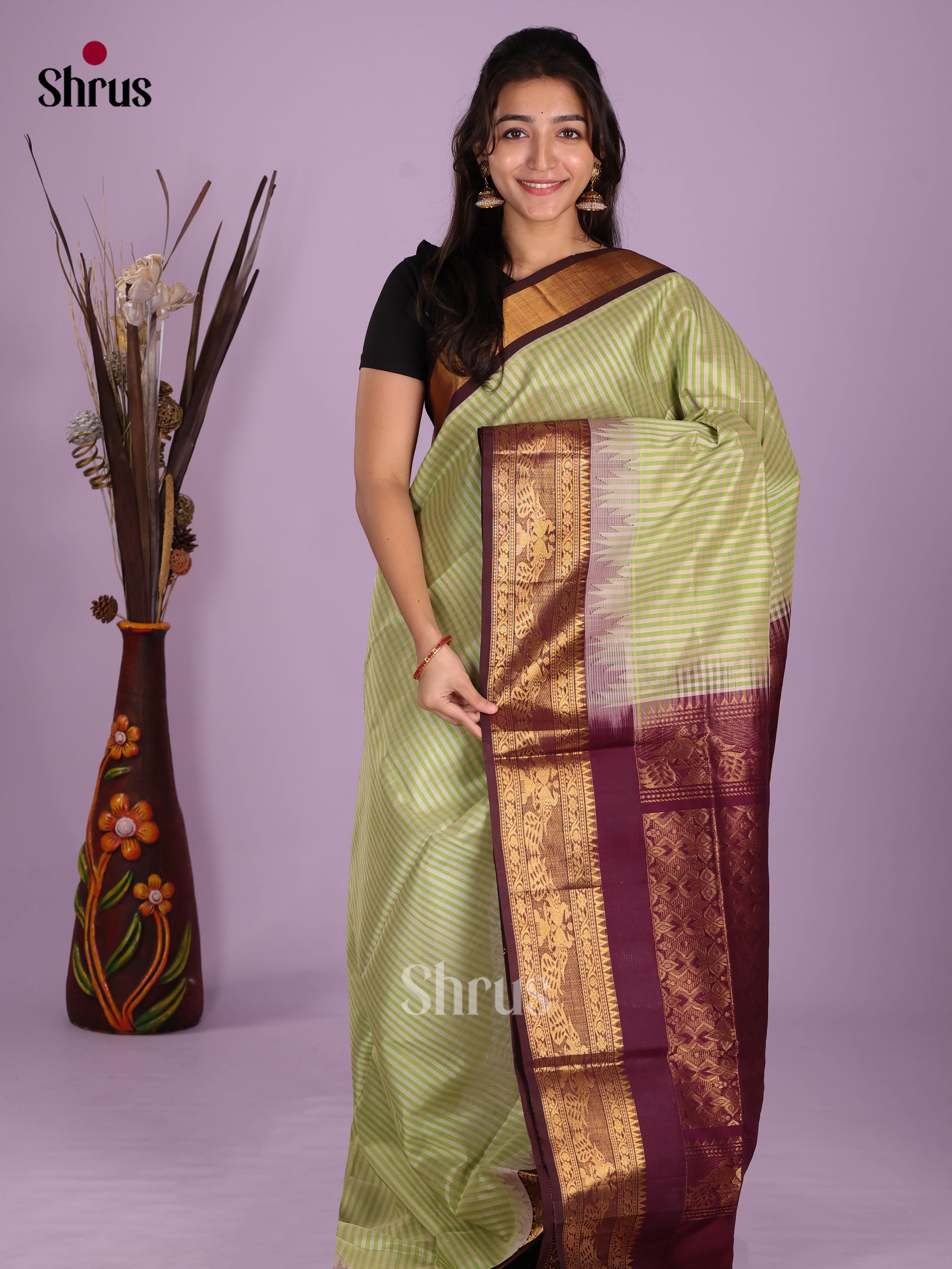 Pista Green & Maroon- Silk Cotton Saree