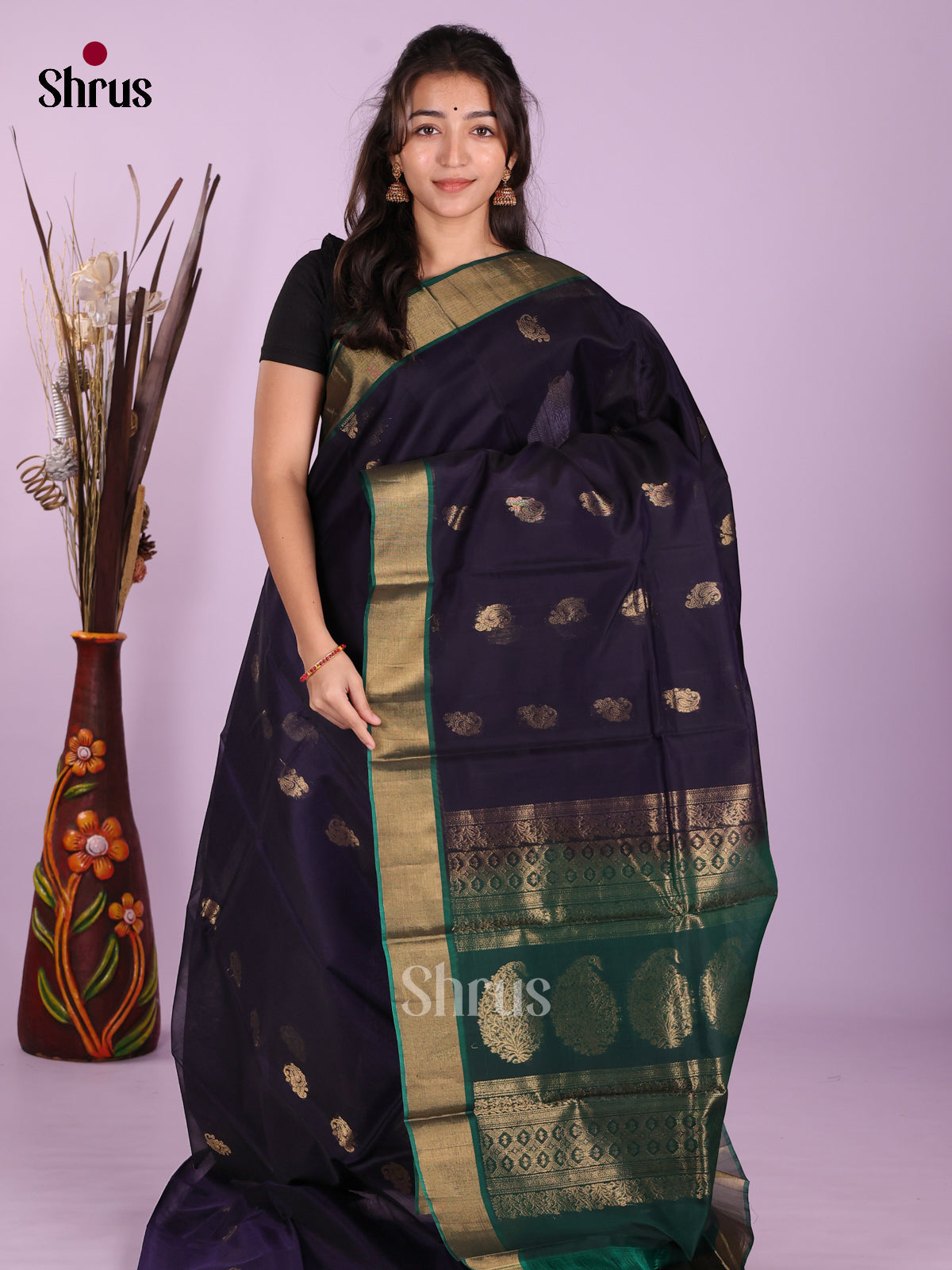 Navy Blue & Green - Timeless Silk Cotton Saree - Shop on Shrus.com