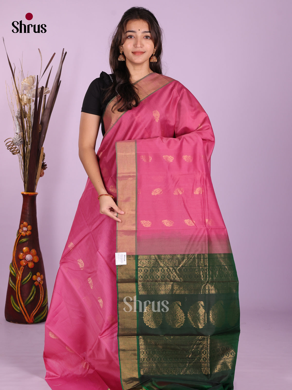 Pink & Green- Timeless Silk Cotton Saree - Shop on Shrus.com