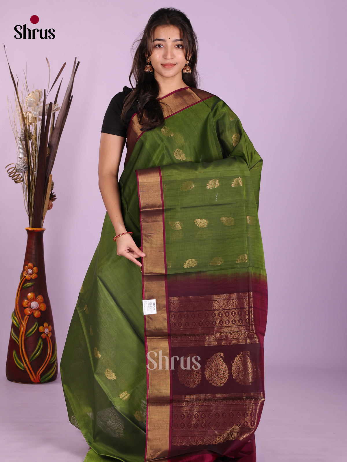 Green & Maroon - Timeless Silk Cotton Saree - Shop on Shrus.com