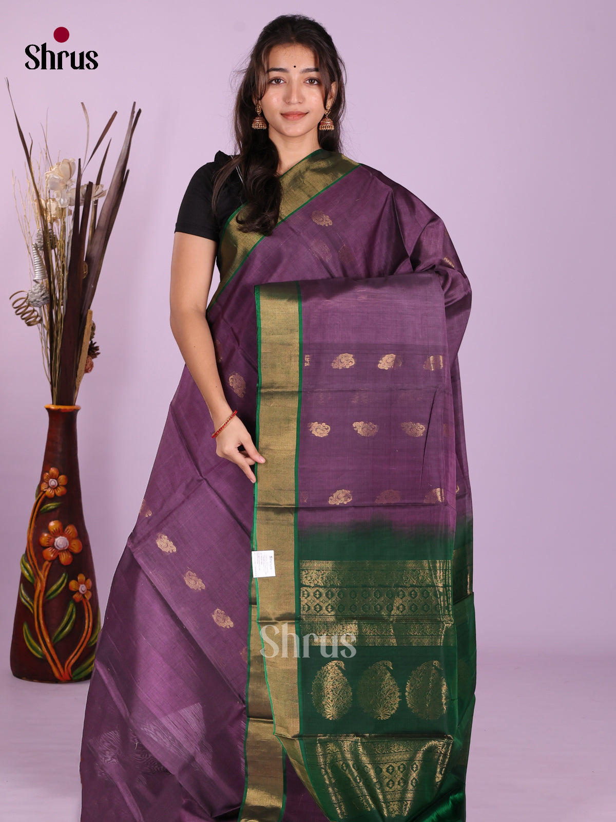 Dark Mauve & Green - Timeless Silk Cotton Saree - Shop on Shrus.com