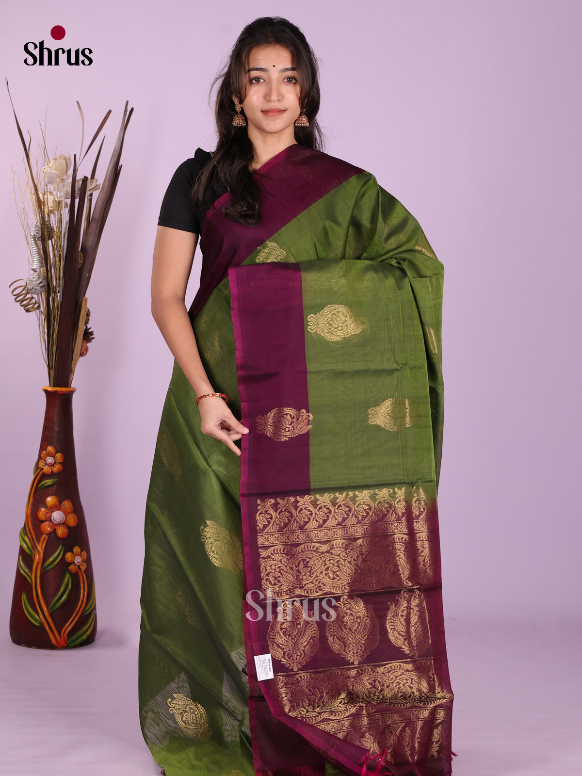 Green & Wine - Timeless Silk Cotton Saree - Shop on Shrus.com