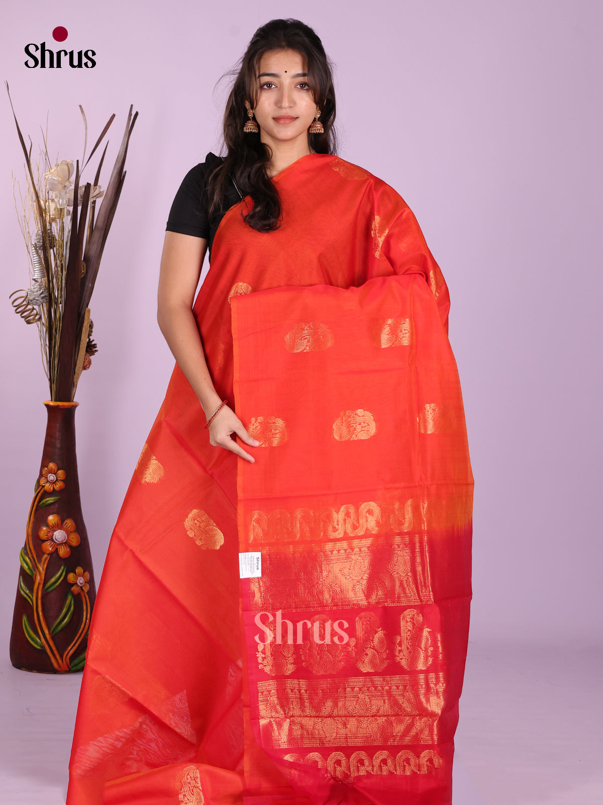 Orange & Red - Timeless Silk Cotton Saree - Shop on Shrus.com