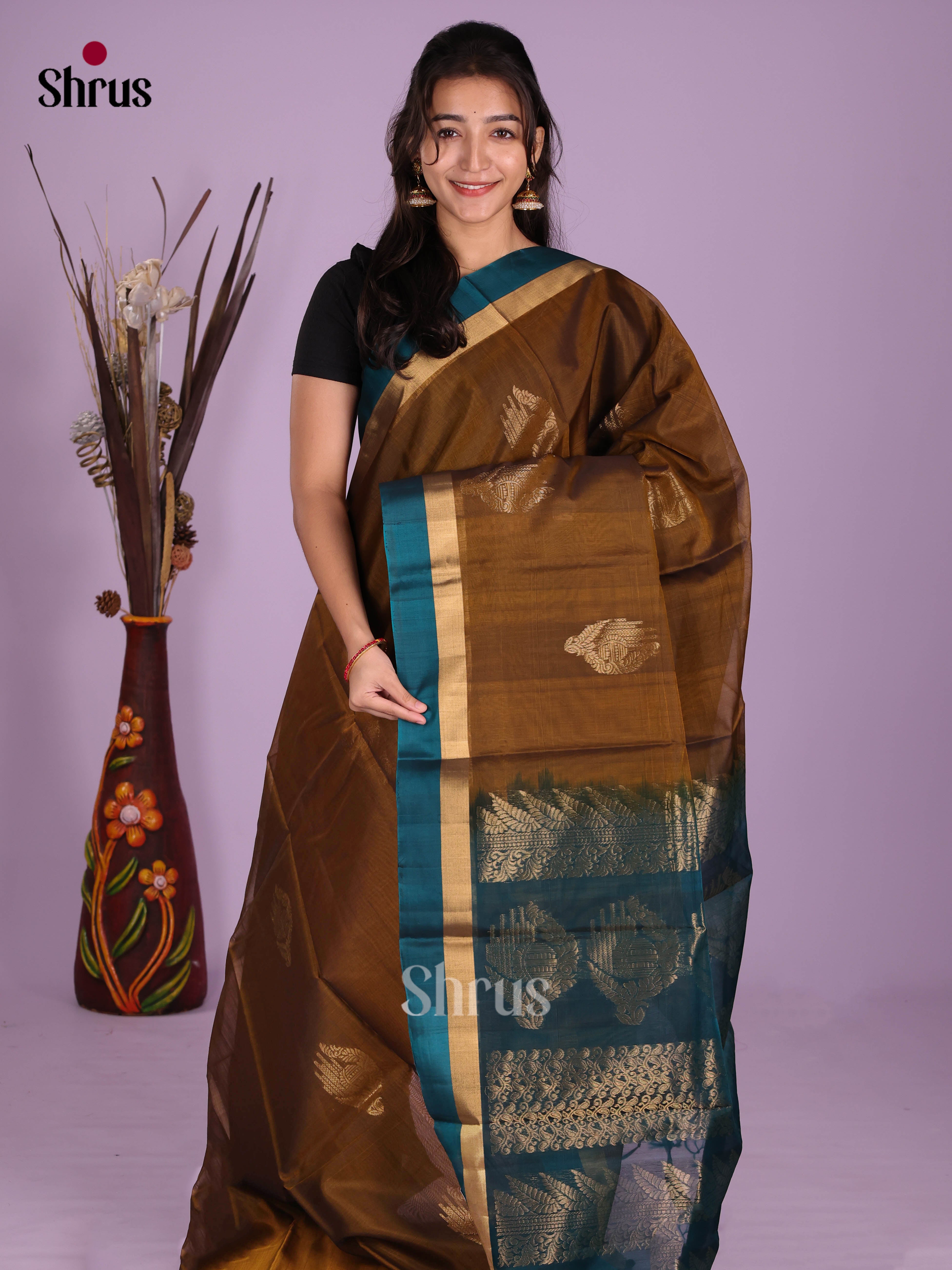 Mehandi & Blue - Timeless Silk Cotton Saree - Shop on Shrus.com