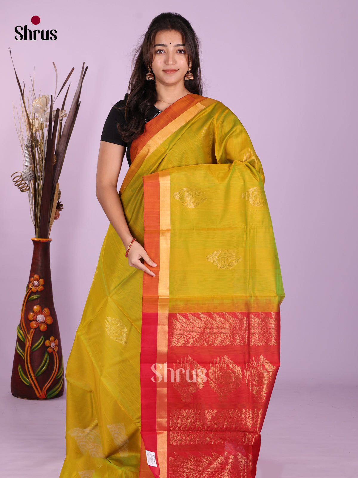 Lime Green & Red - Timeless Silk Cotton Saree - Shop on Shrus.com