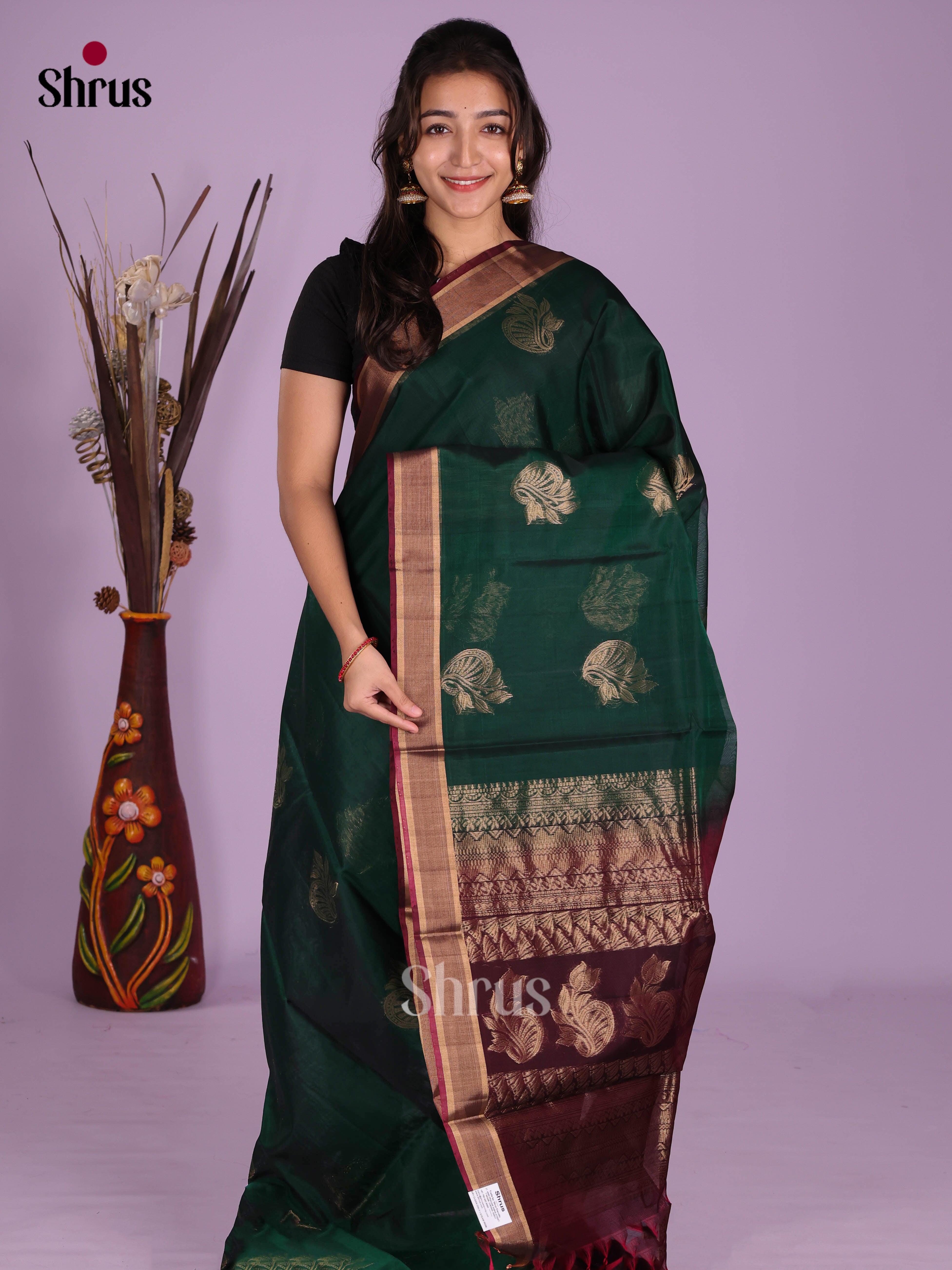 Green & Maroon - Timeless Silk Cotton Saree - Shop on Shrus.com