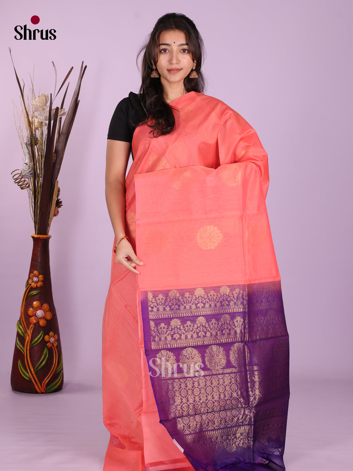 Peachish Pink & Violet - Timeless Silk Cotton Saree - Shop on Shrus.com