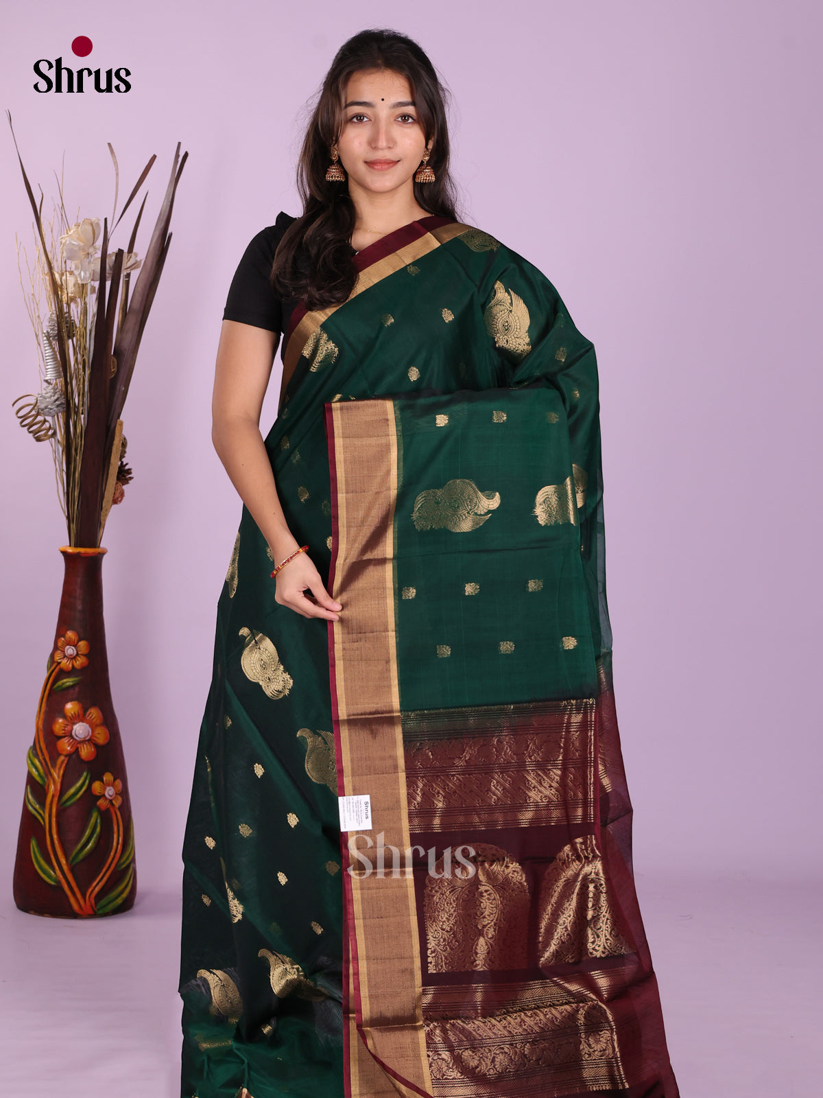 Green & Maroon - Timeless Silk Cotton Saree - Shop on Shrus.com