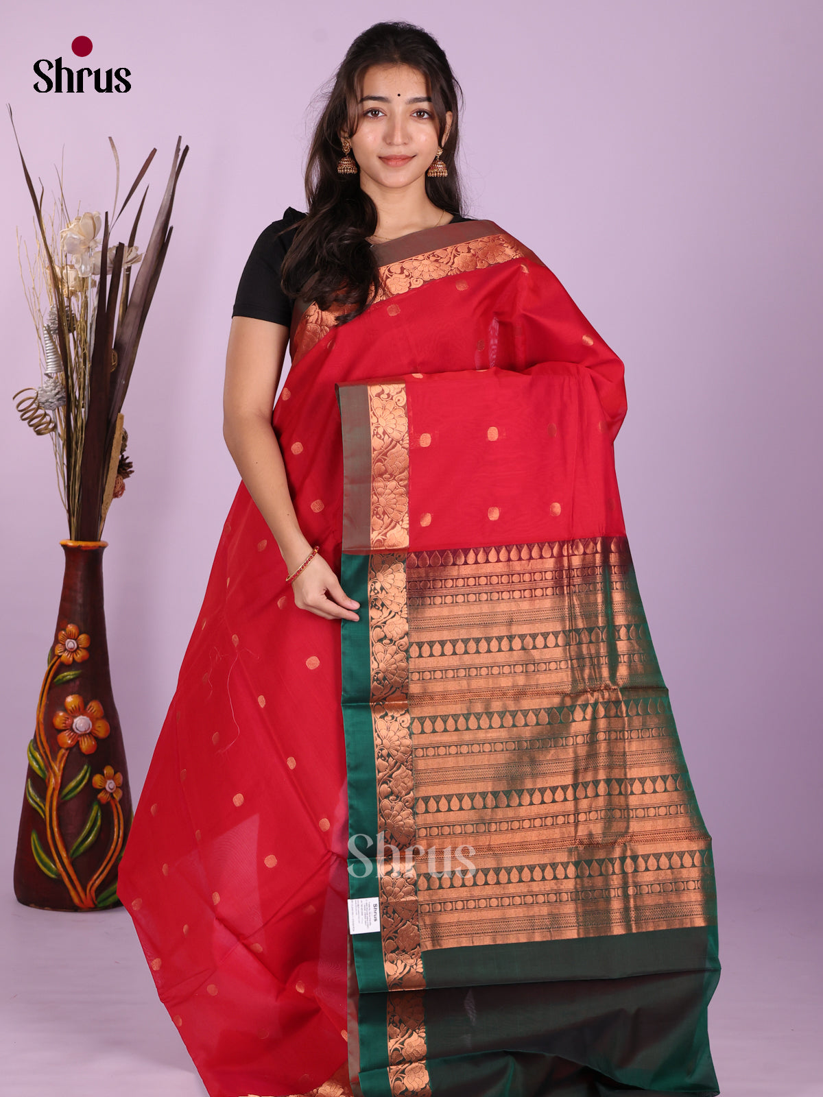 Red & Green - Timeless Silk Cotton Saree - Shop on Shrus.com
