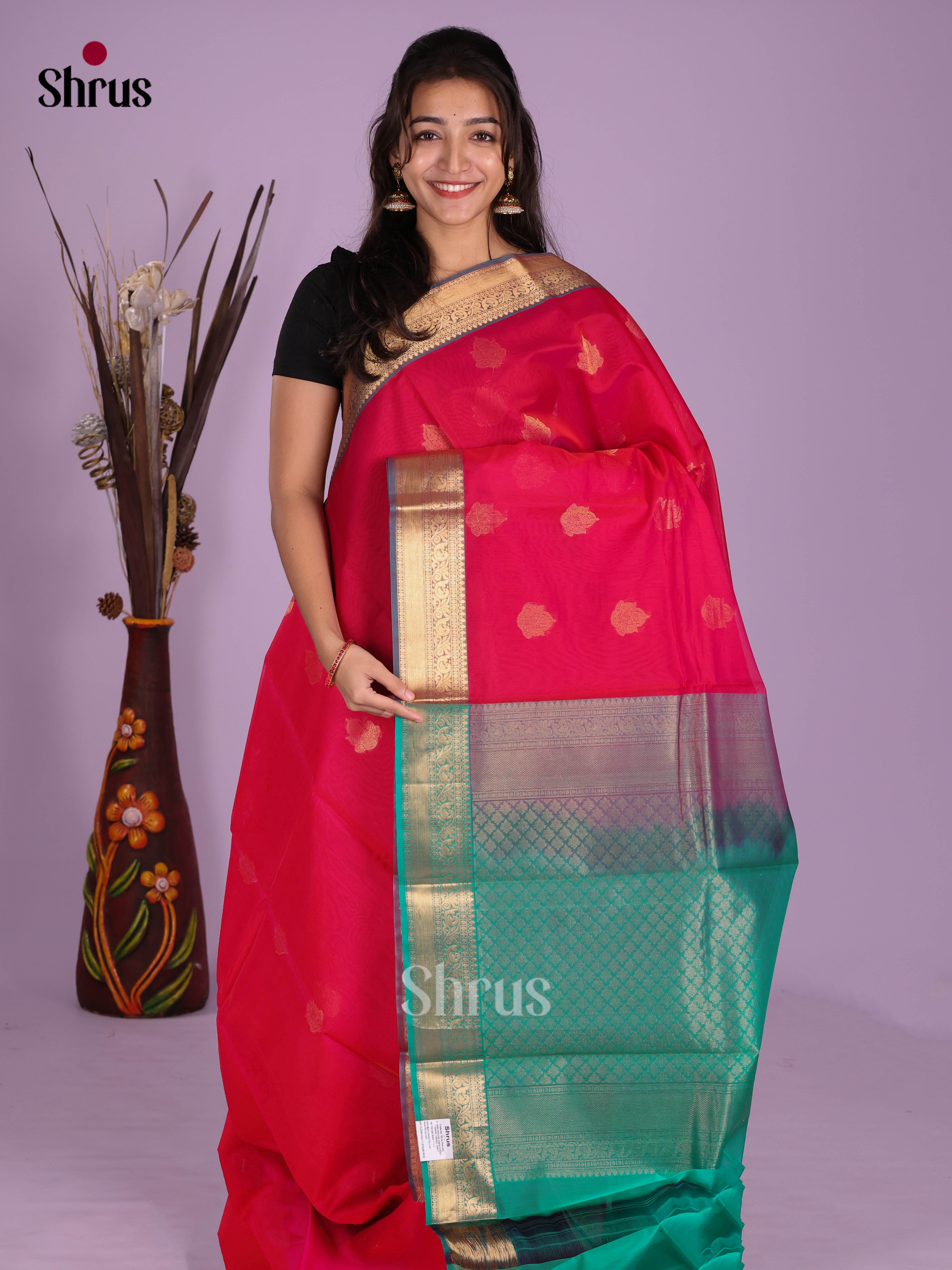 Reddish Pink & Green- Timeless Silk Cotton Saree - Shop on Shrus.com