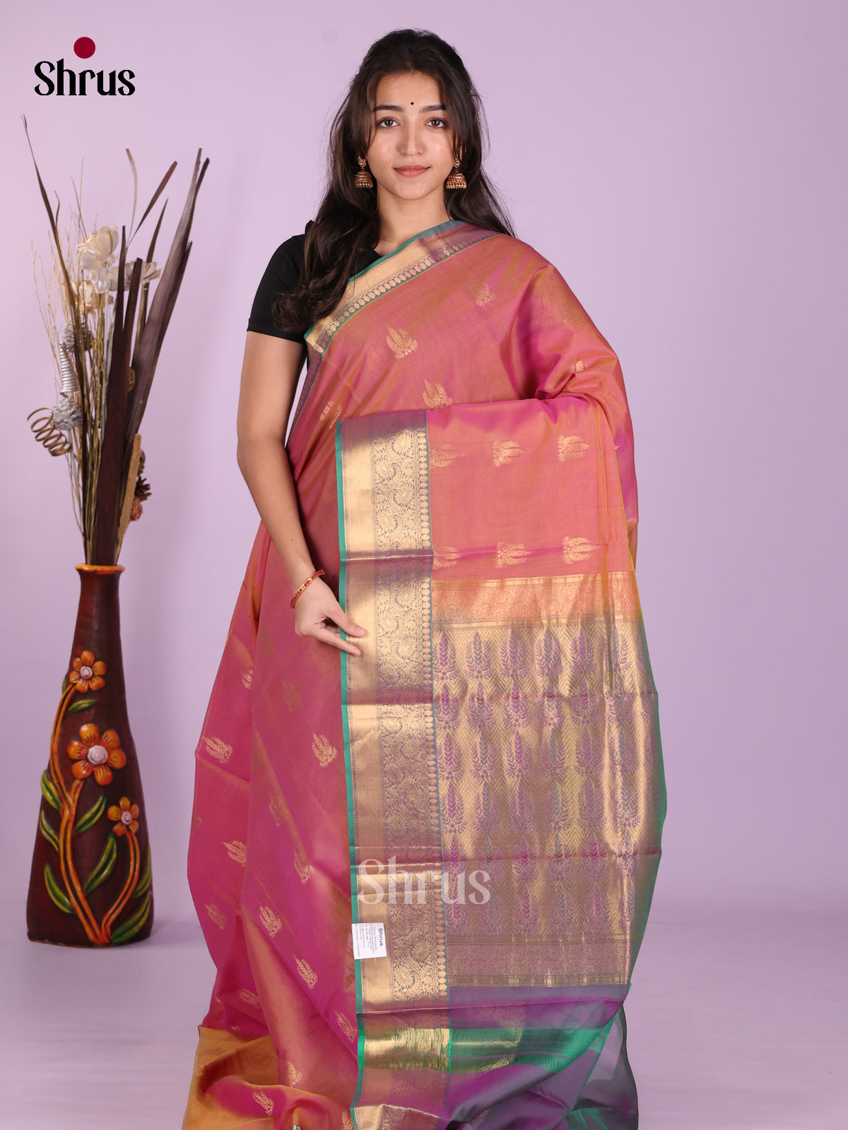 Orangish Pink & Green - Timeless Silk Cotton Saree - Shop on Shrus.com