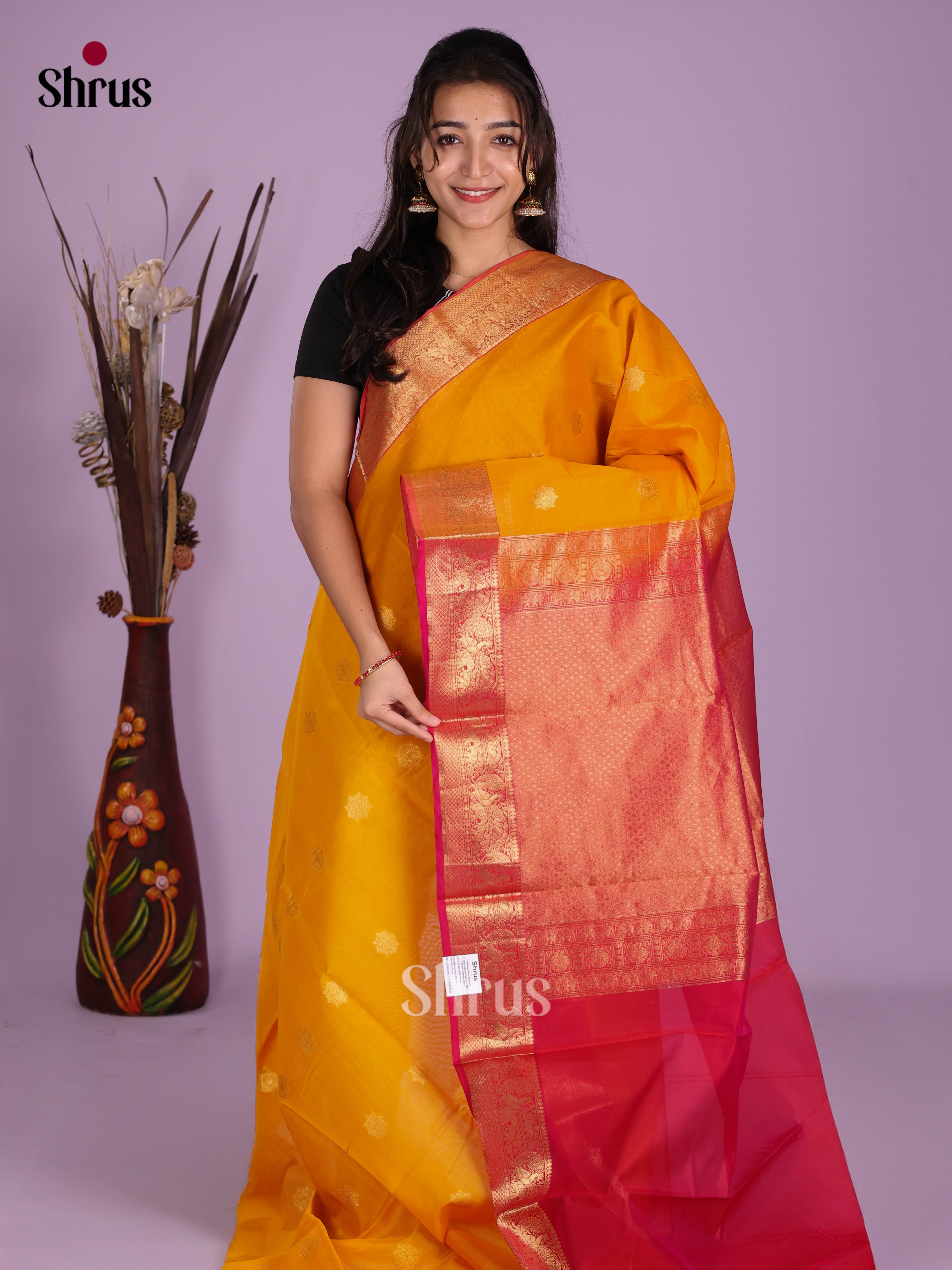 Mustard & Red - Timeless Silk Cotton Saree - Shop on Shrus.com