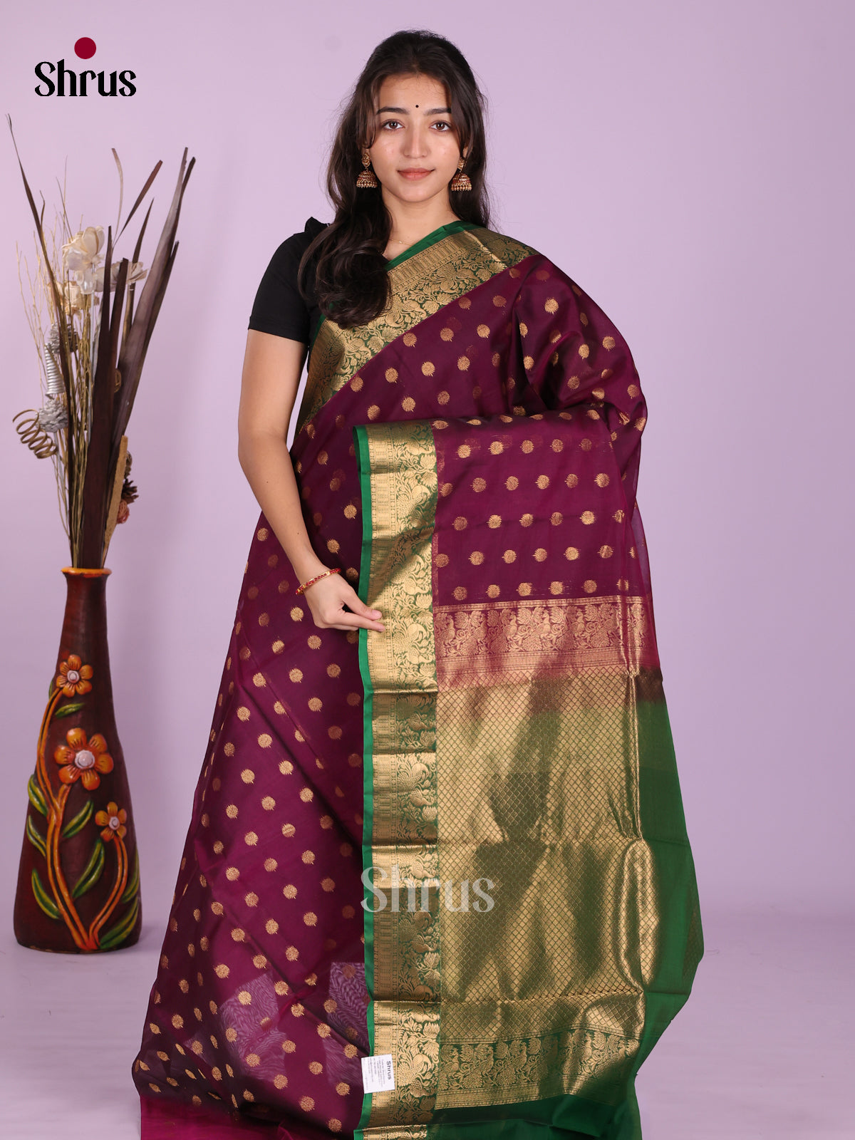 Wine & Green - Timeless Silk Cotton Saree - Shop on Shrus.com