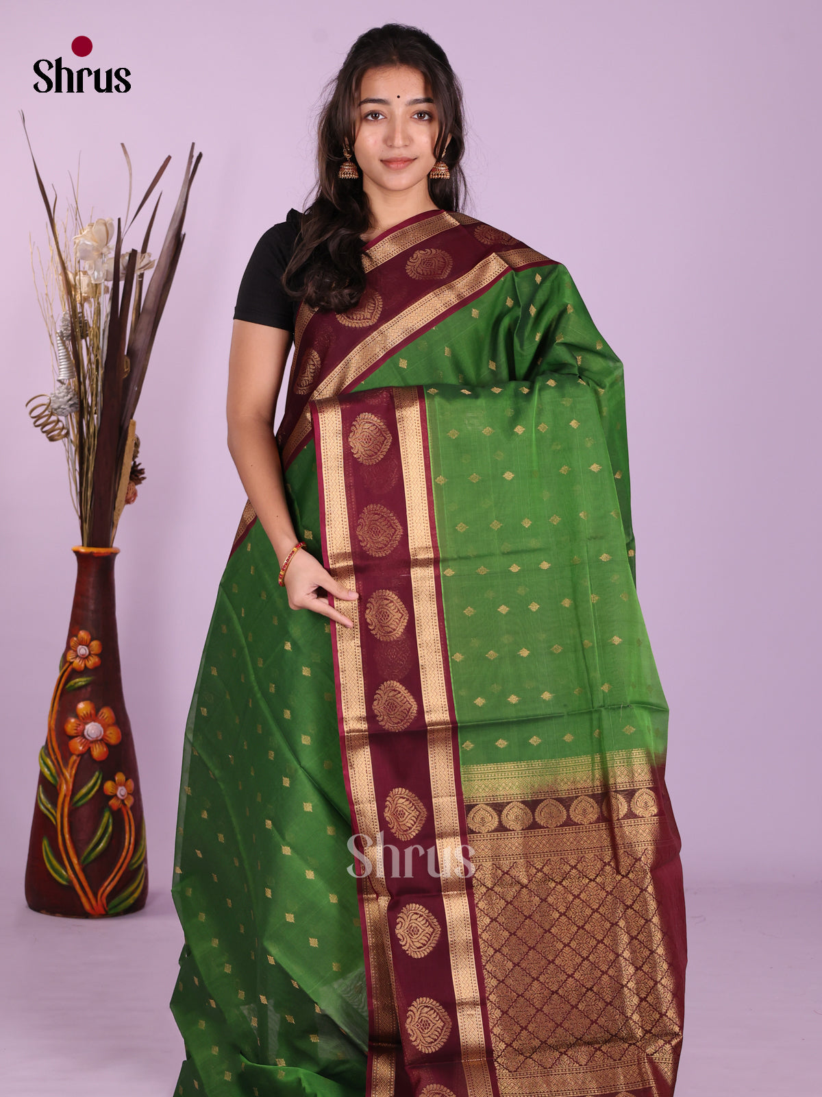 Green & Maroon - Timeless Silk Cotton Saree - Shop on Shrus.com