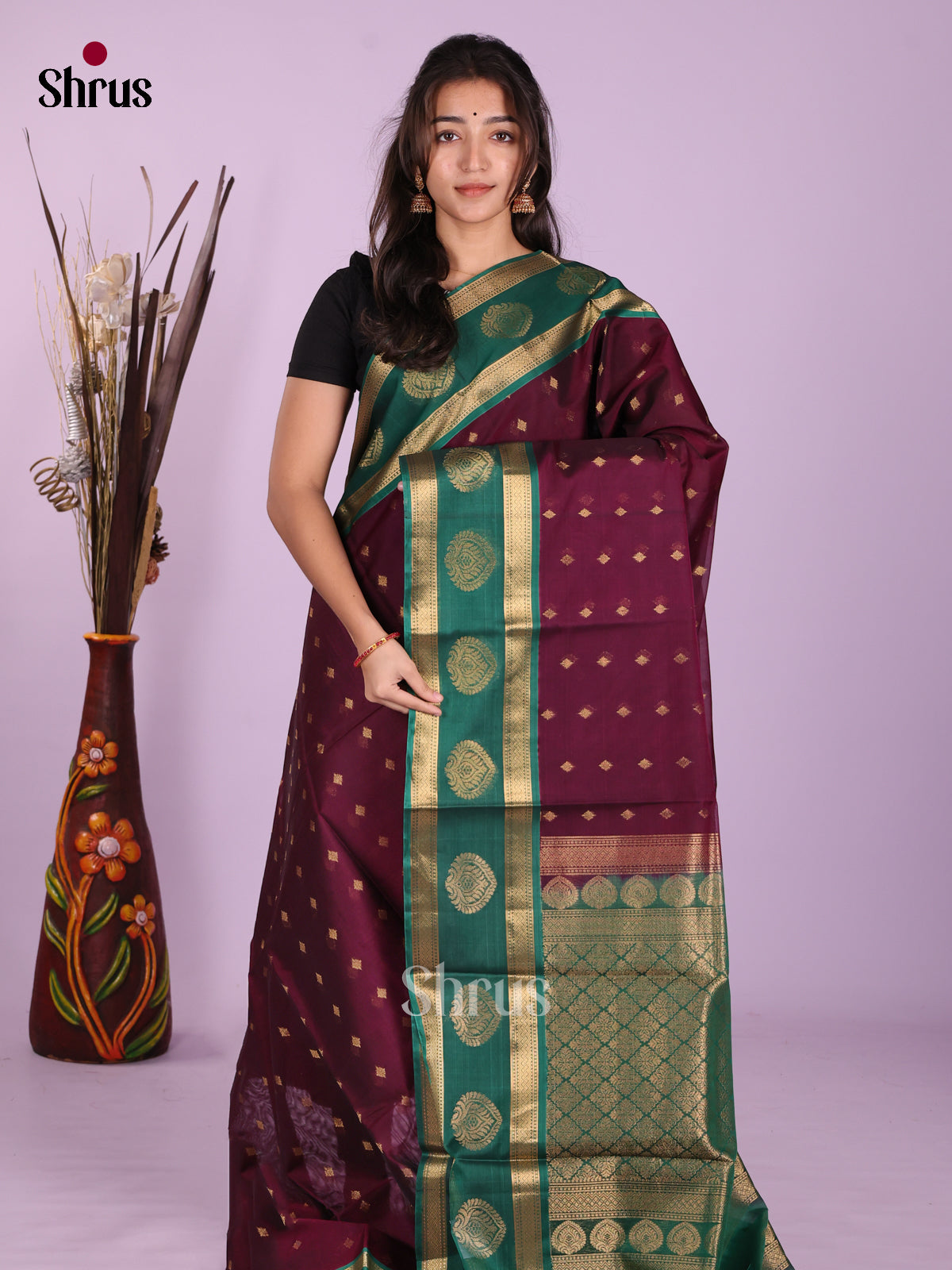 Maroon & Green - Timeless Silk Cotton Saree - Shop on Shrus.com