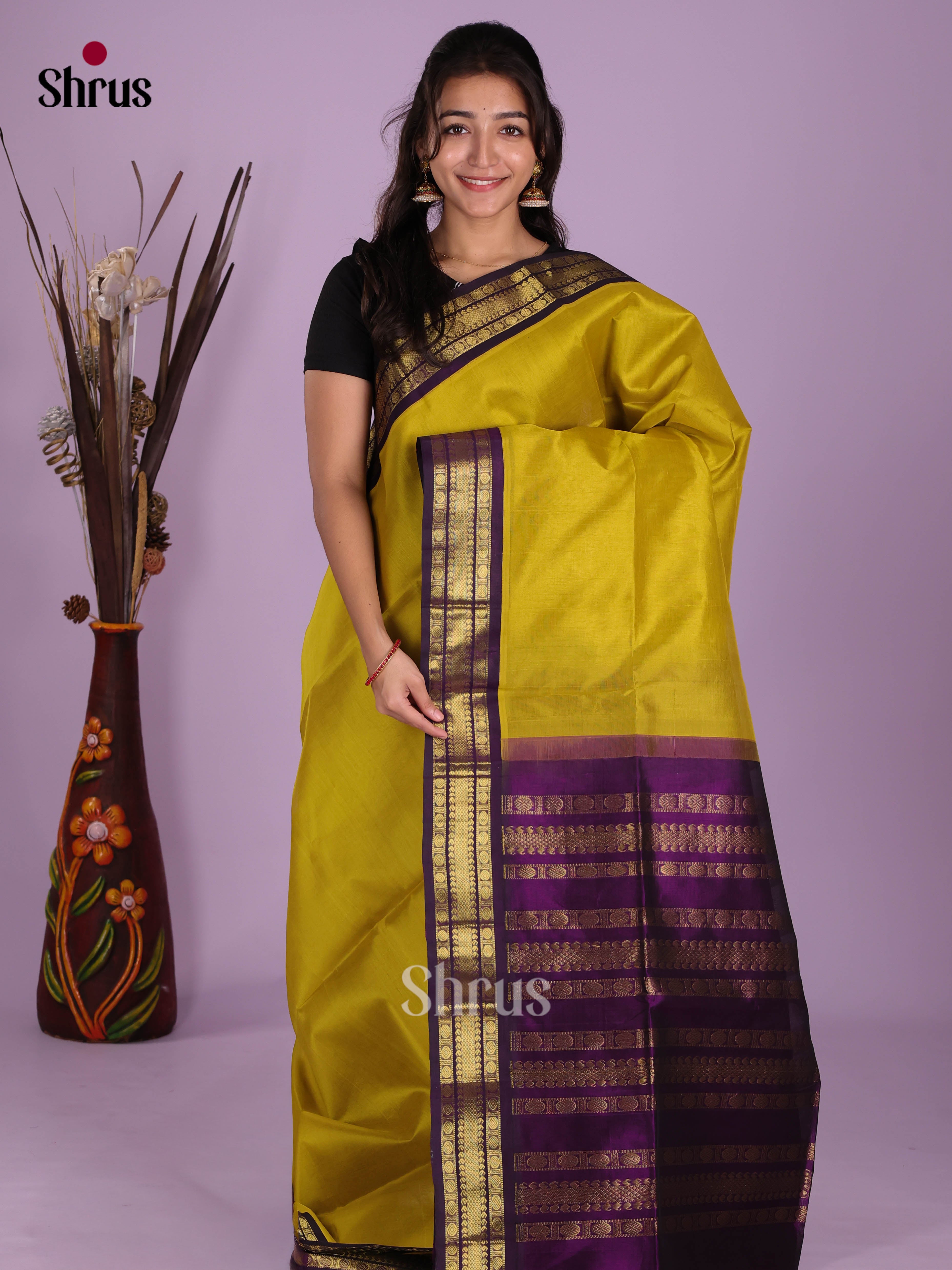 Mustardy Green & Violet - Silk Cotton Saree