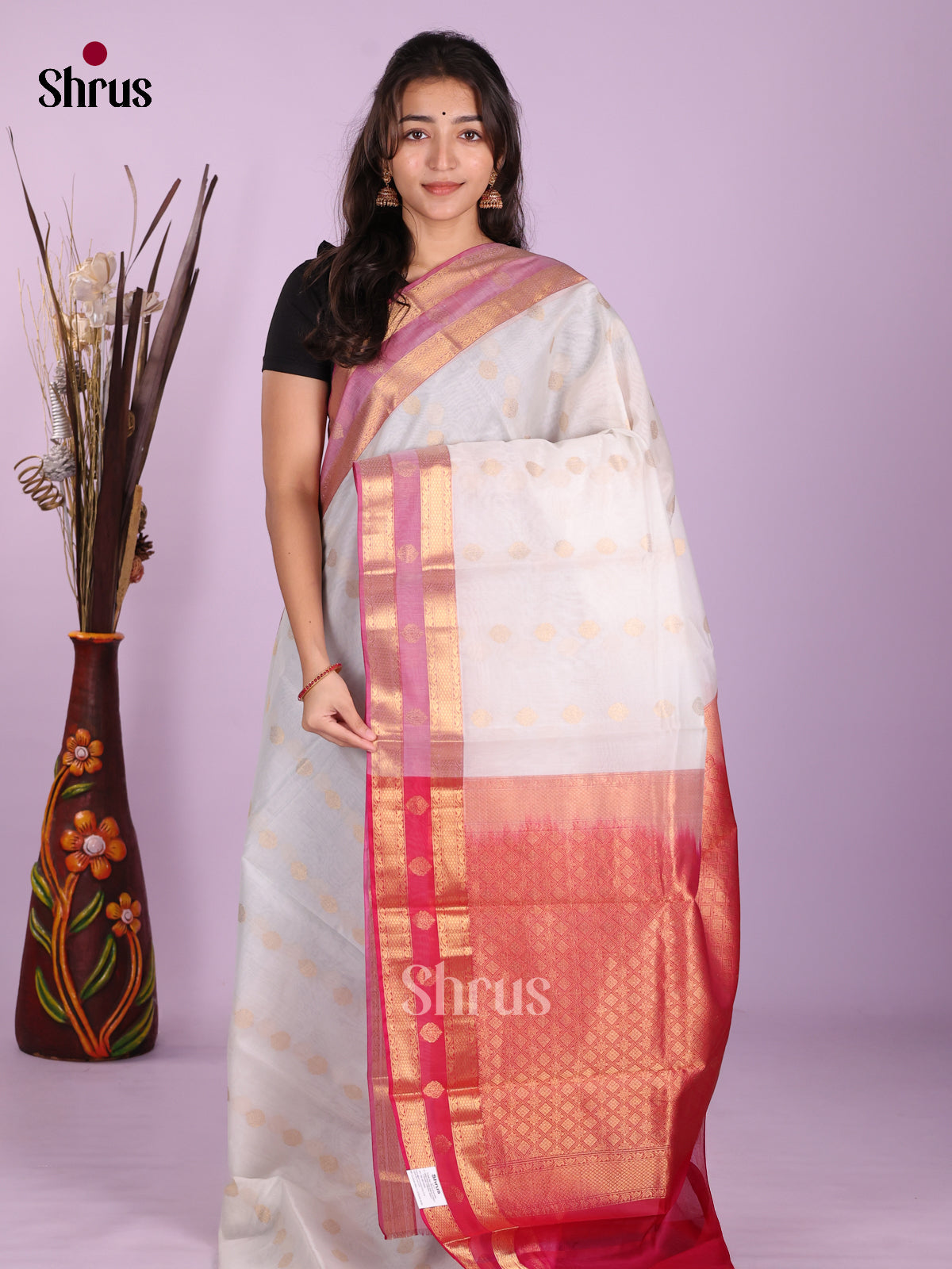 Cream & Red- Timeless Silk Cotton Saree - Shop on Shrus.com
