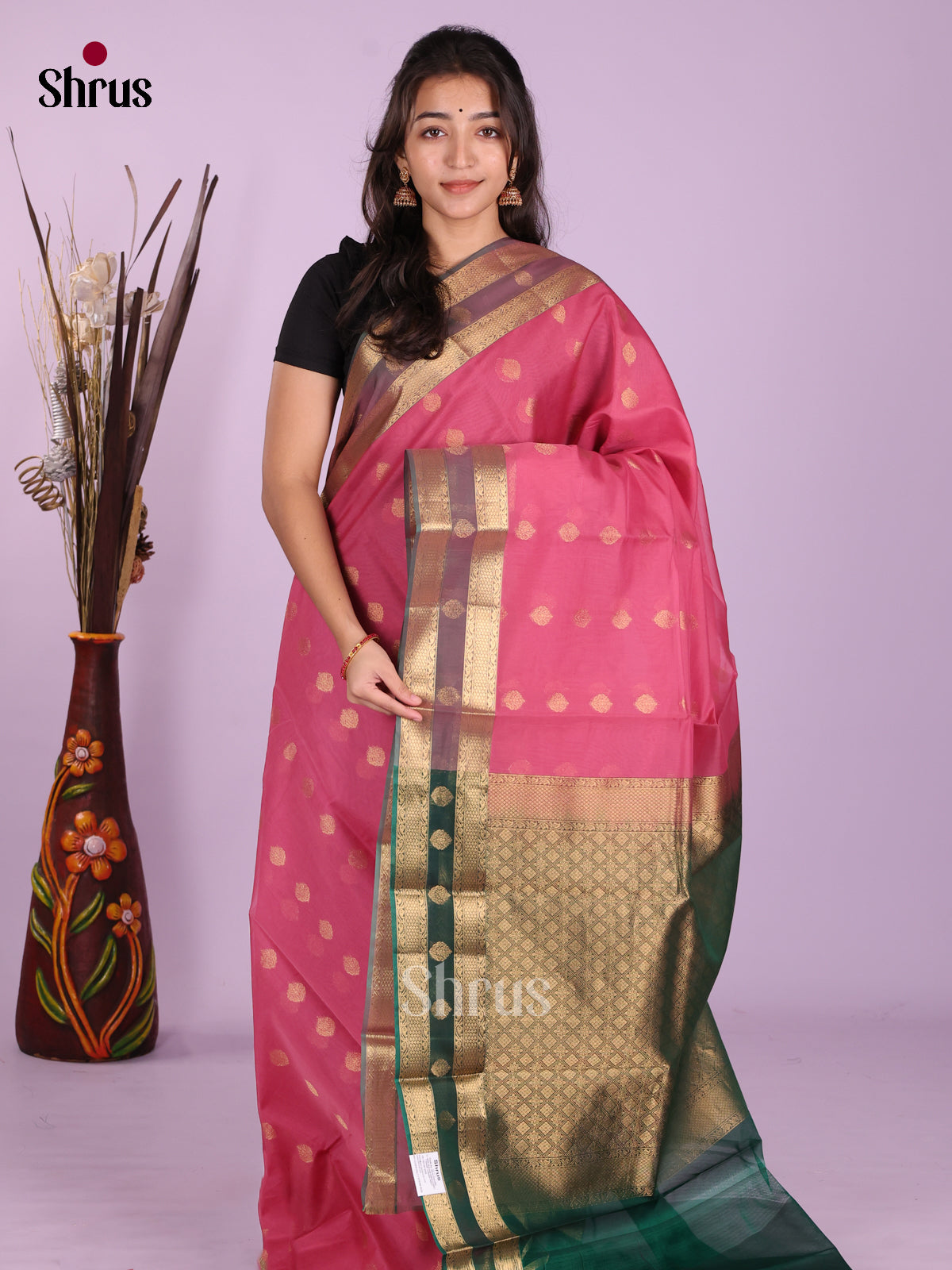 Pink & Green - Timeless Silk Cotton Saree - Shop on Shrus.com