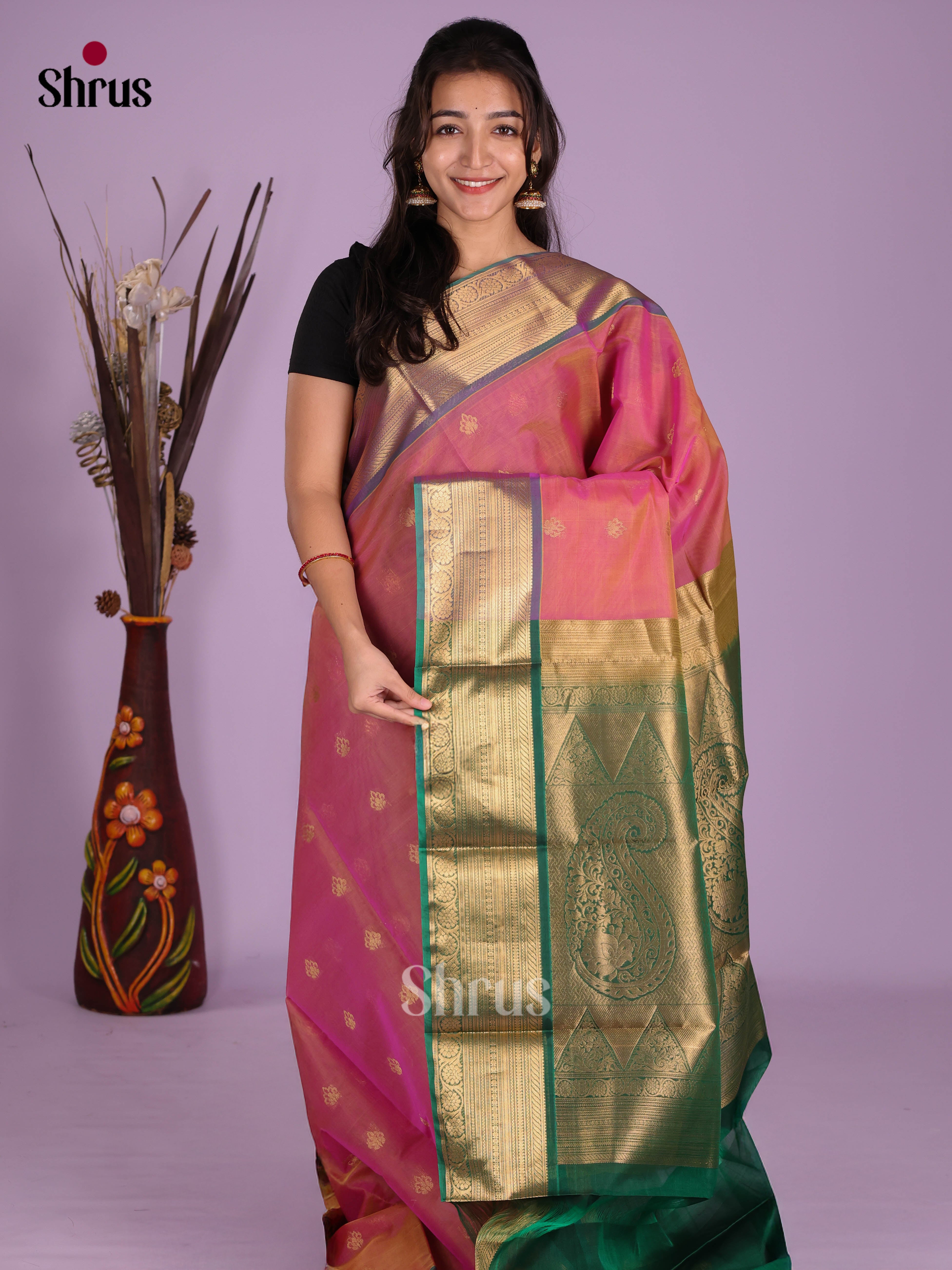 Pink & Green- Timeless Silk Cotton Saree - Shop on Shrus.com
