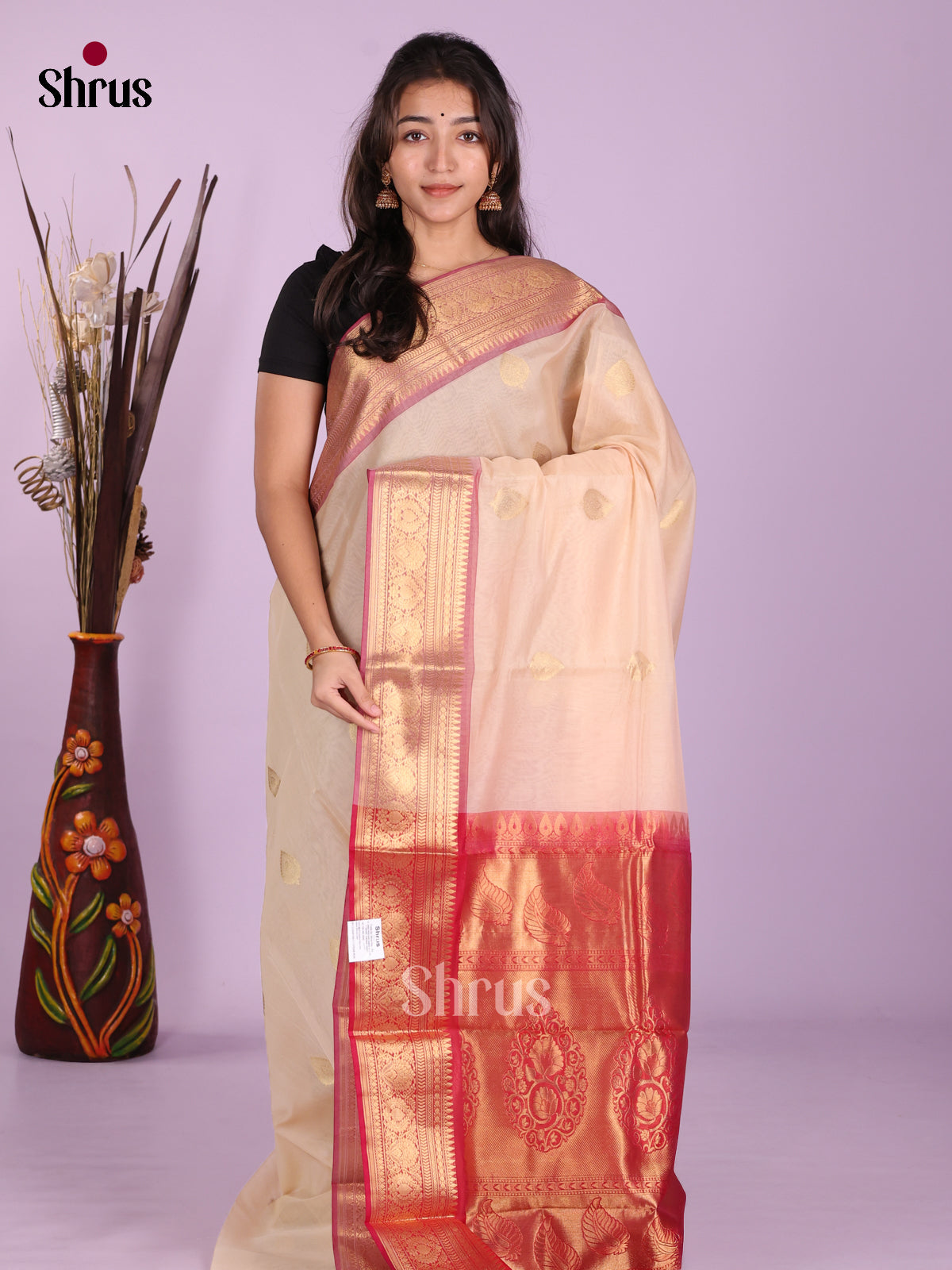 Cream & Red - Timeless Silk Cotton Saree - Shop on Shrus.com