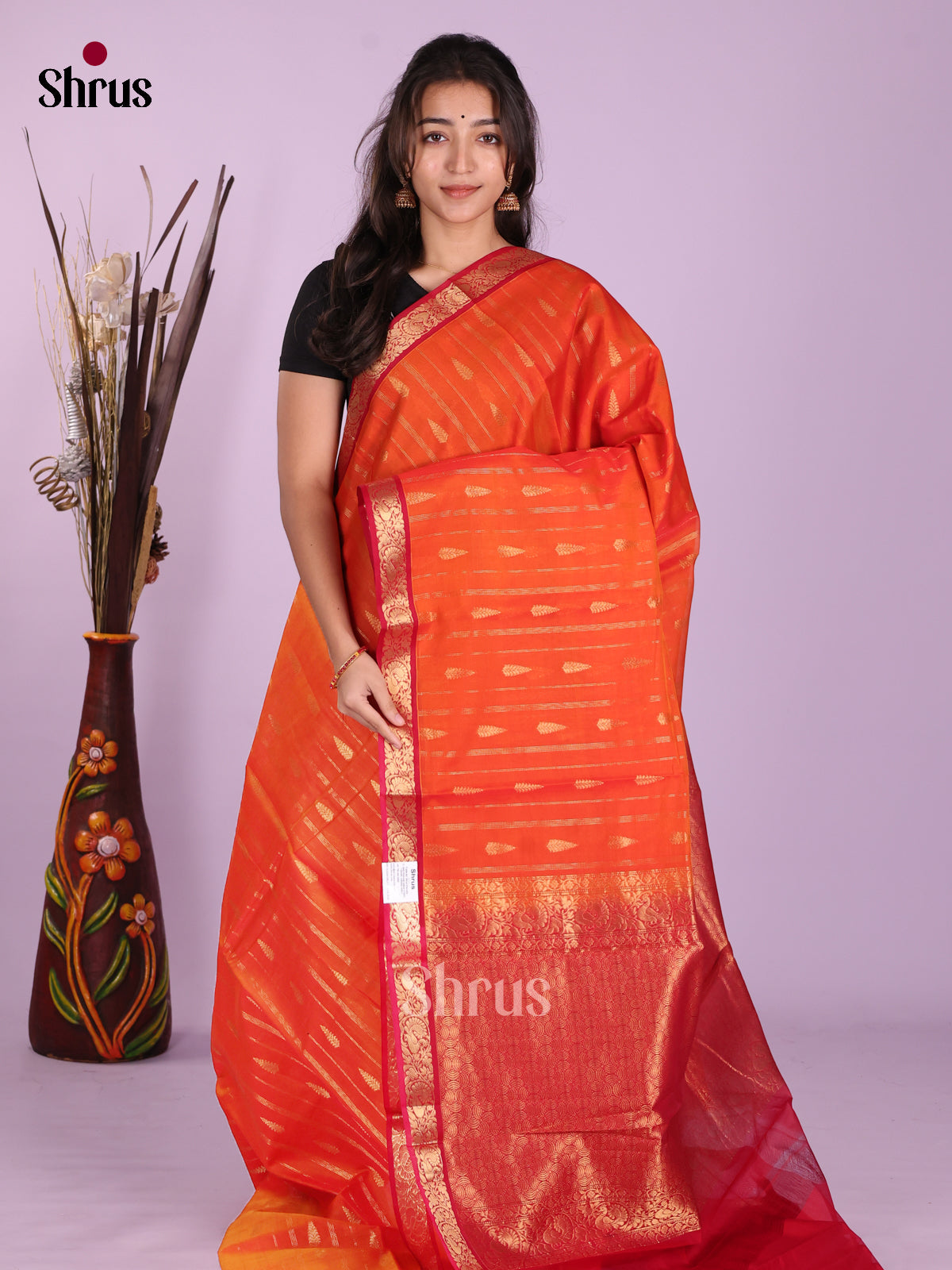 Orange & Red- Timeless Silk Cotton Saree - Shop on Shrus.com