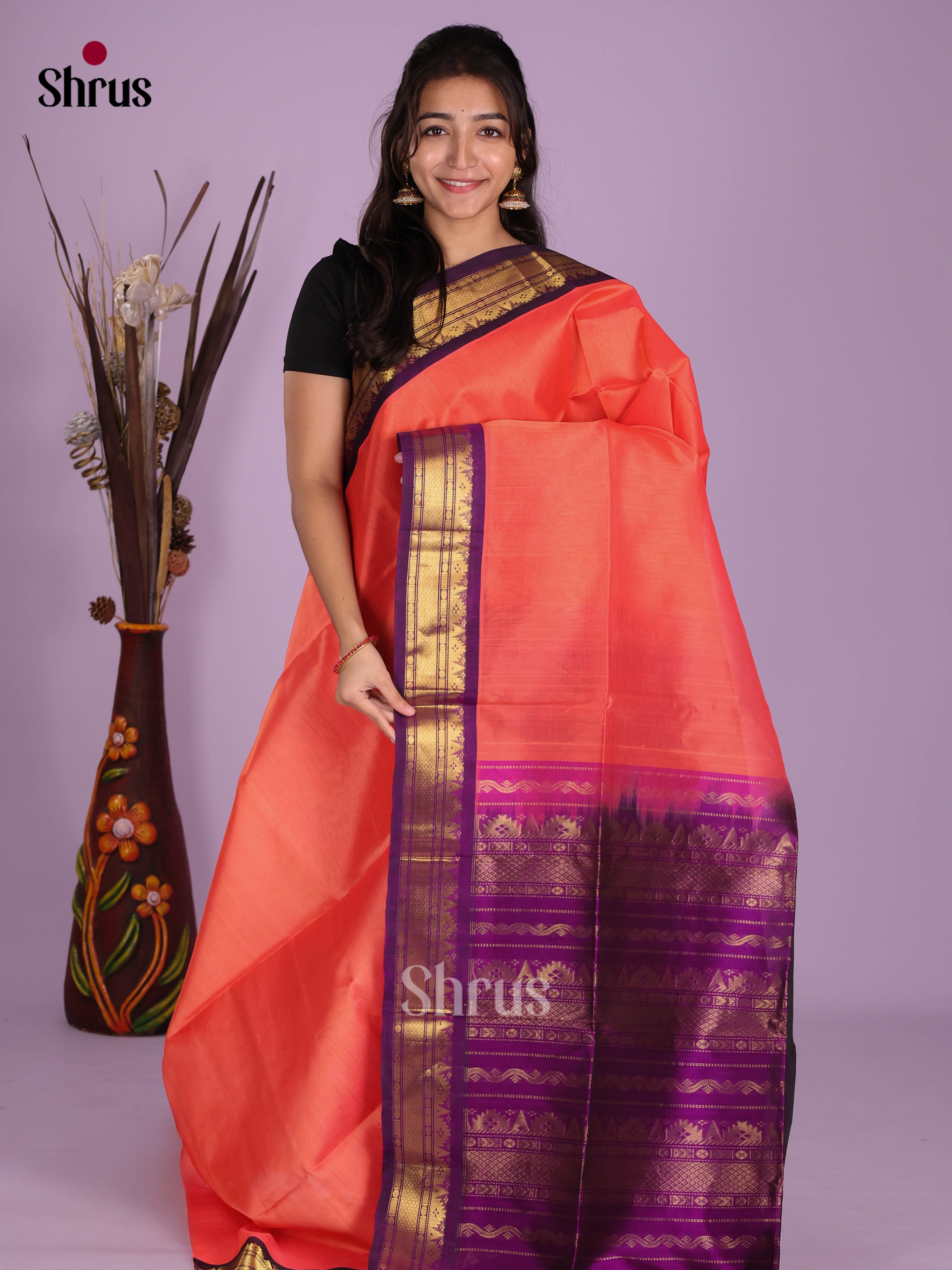Orangish Pink & Purple - Silk Cotton Saree - Shop on Shrus.com