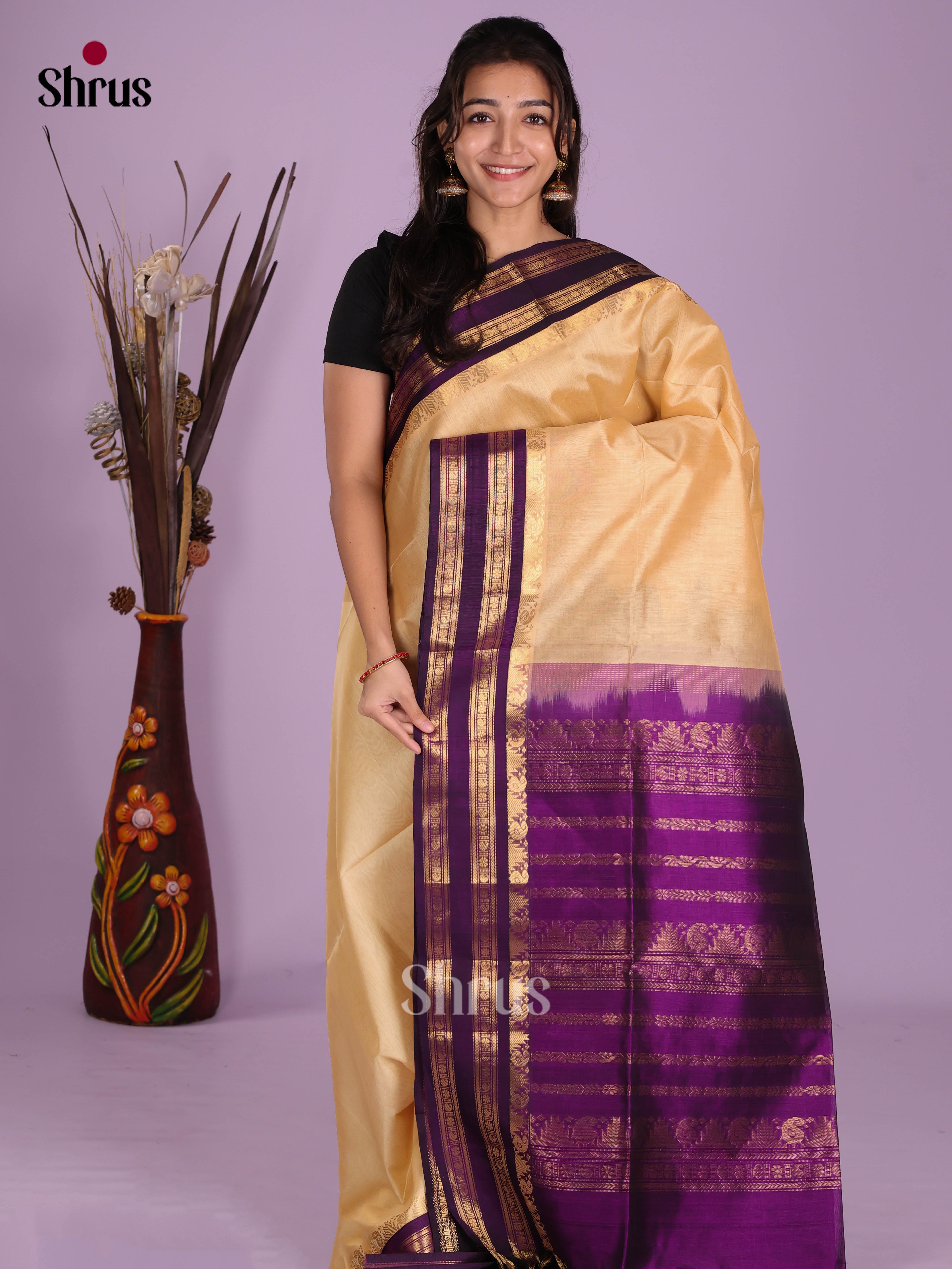Sandal & Purple - Silk Cotton Saree