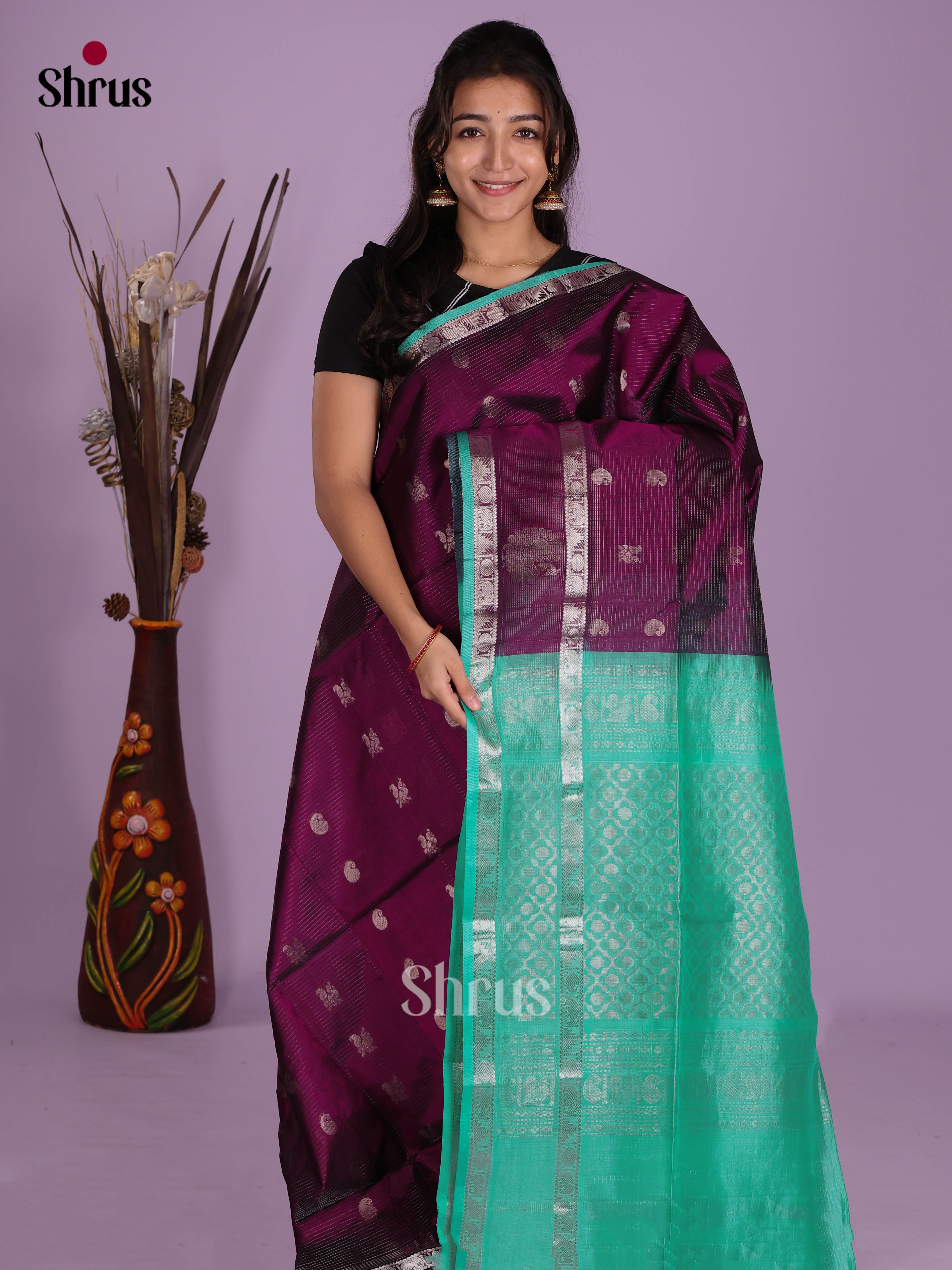 Purple & Teal - Silk Cotton Saree - Shop on Shrus.com