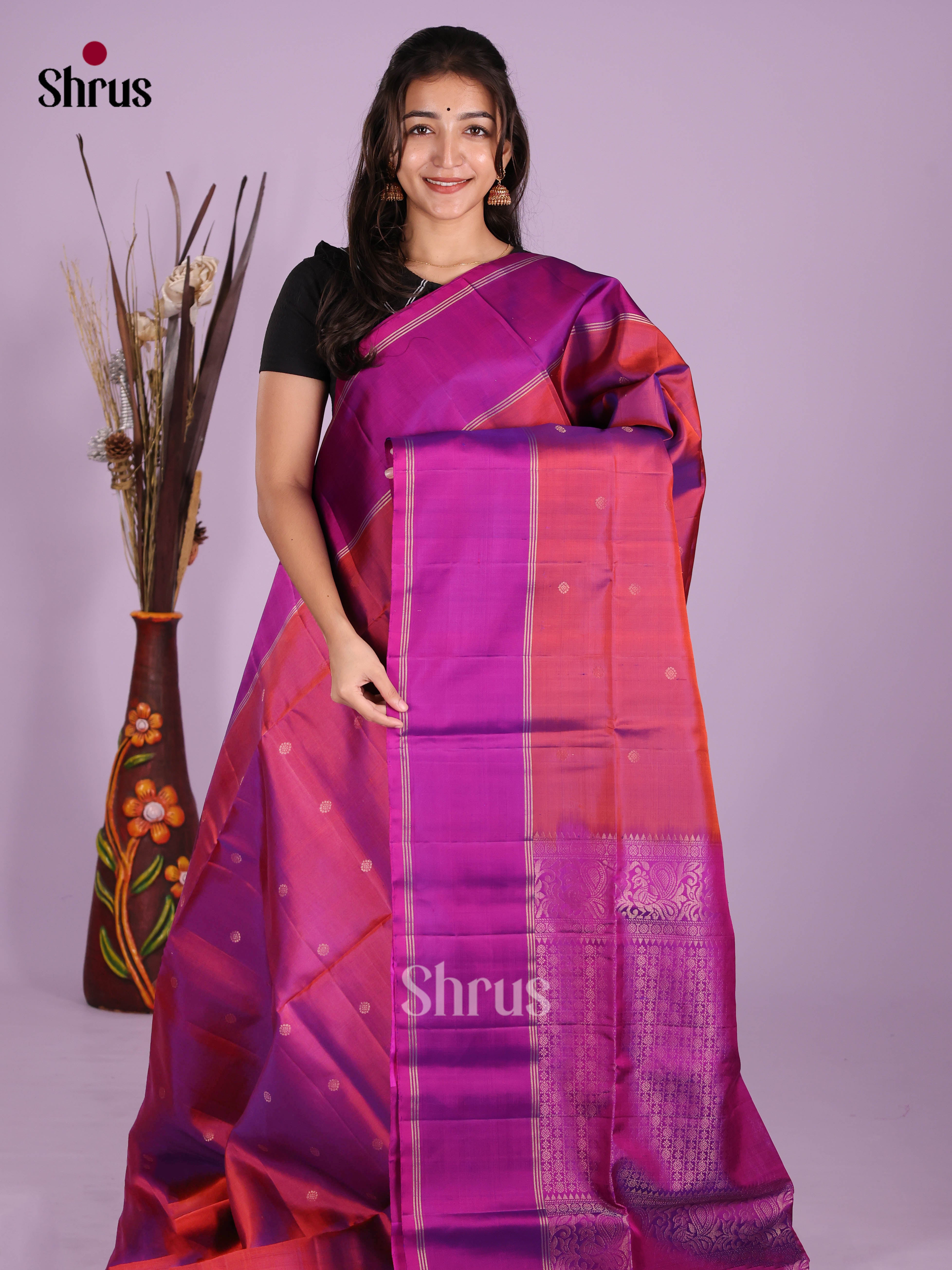 Classic Maroon & Purple Soft Silk Saree with zari buttas & brocade pallu