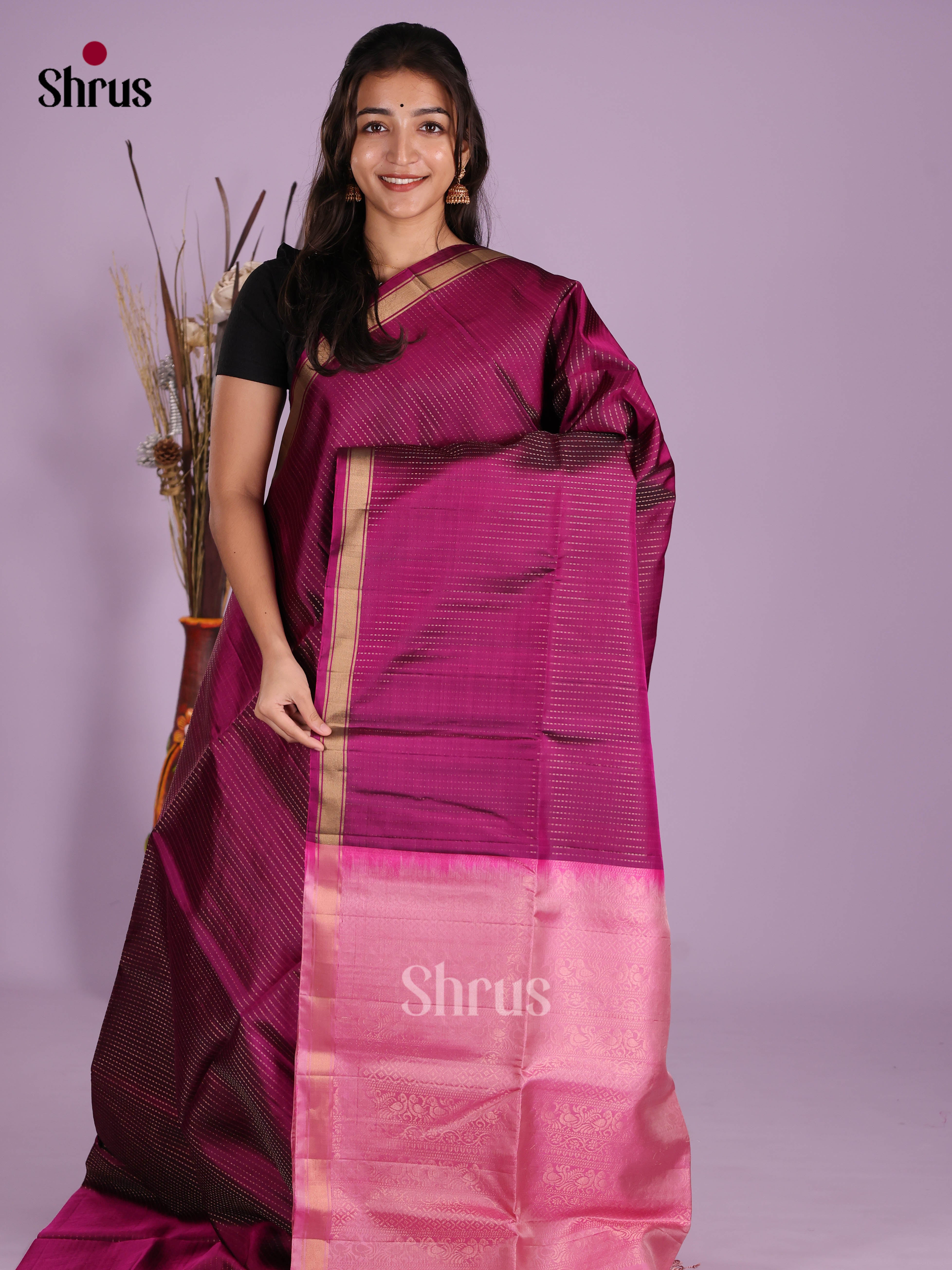 Elegant Purple & Pink Soft Silk Saree with zari stripes & Thin border
