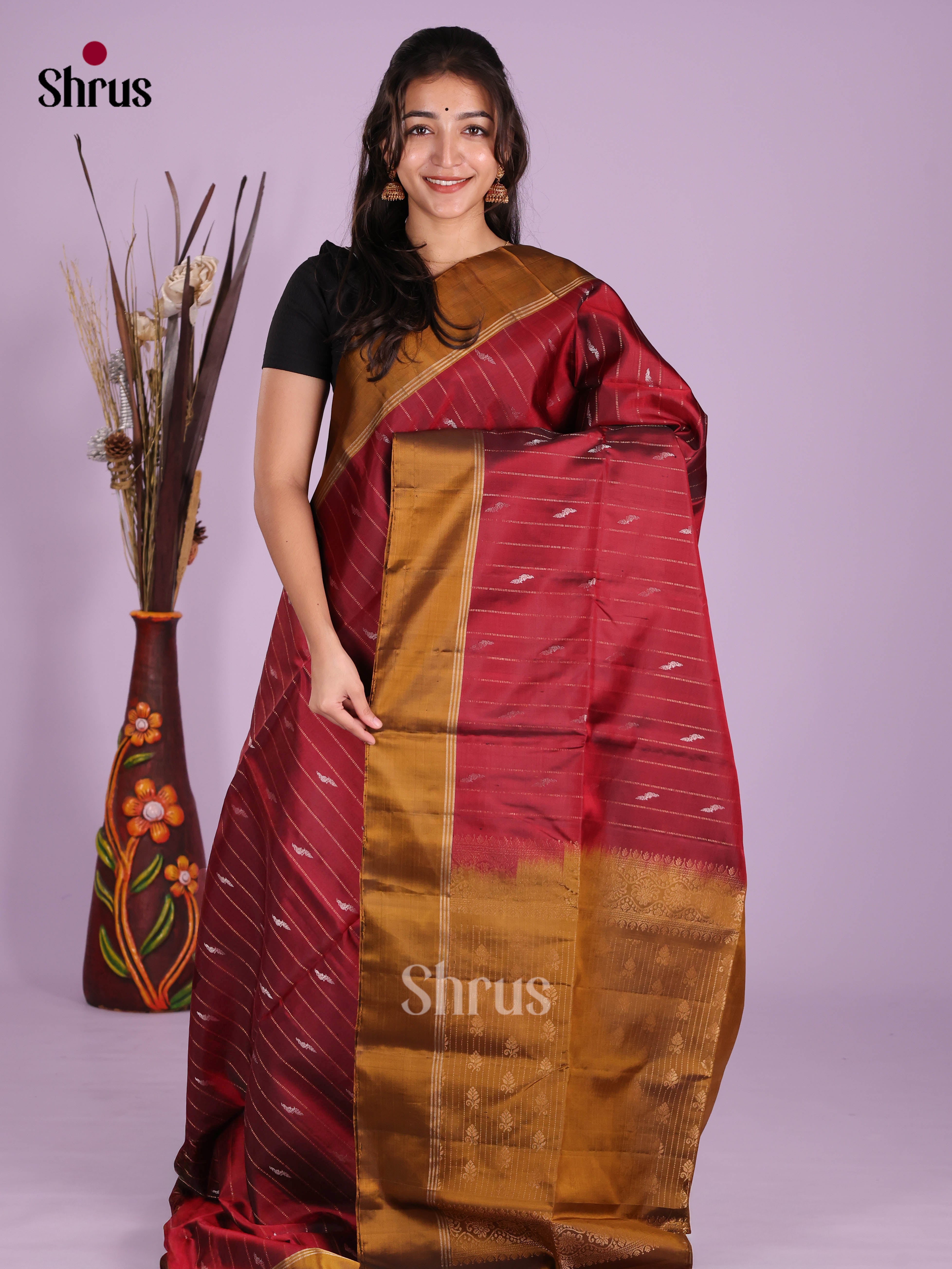 Classy Maroon & Mustard Soft Silk Saree with zari buttas , stripes & brocade pallu