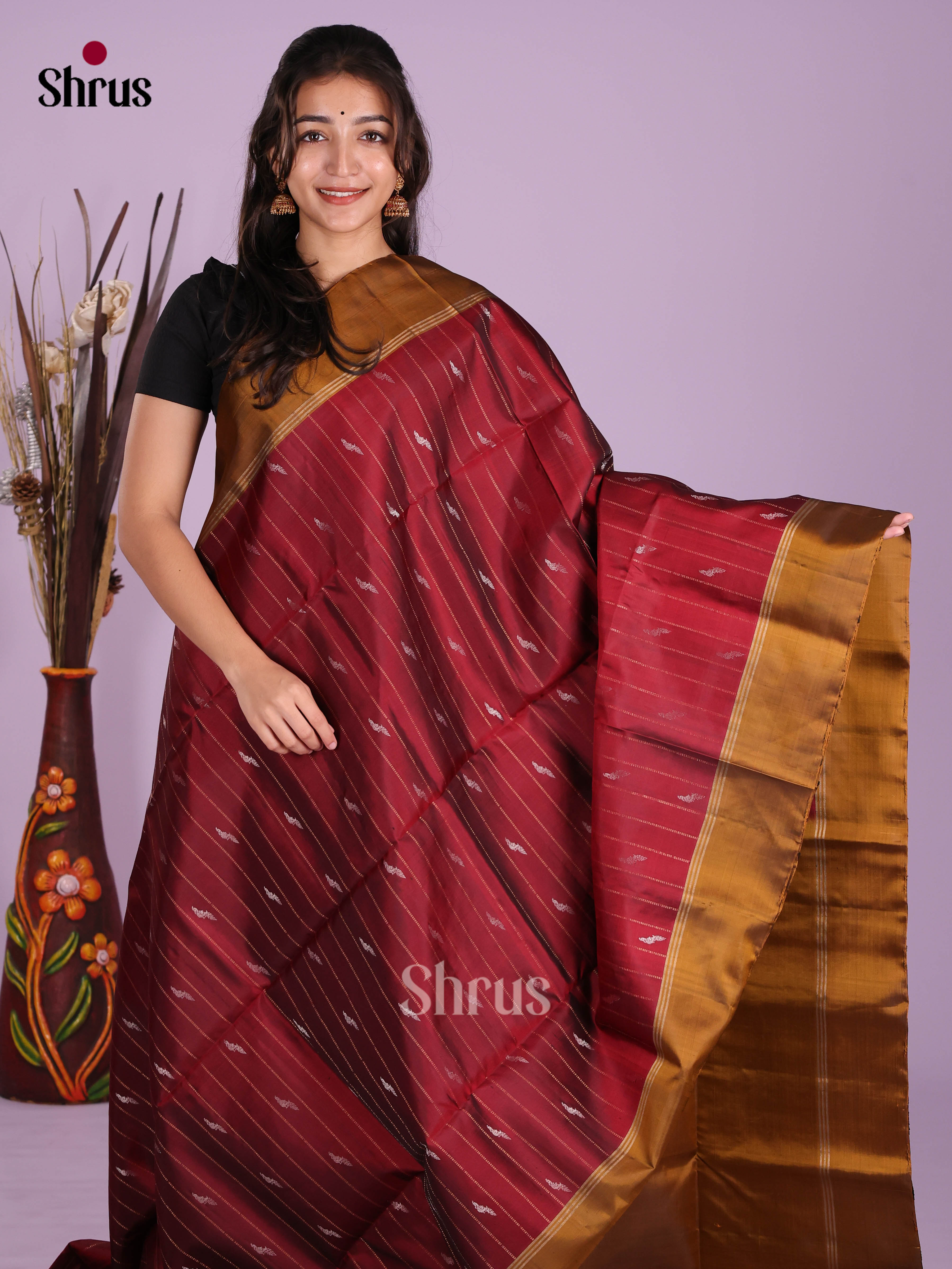 Classy Maroon & Mustard Soft Silk Saree with zari buttas , stripes & brocade pallu