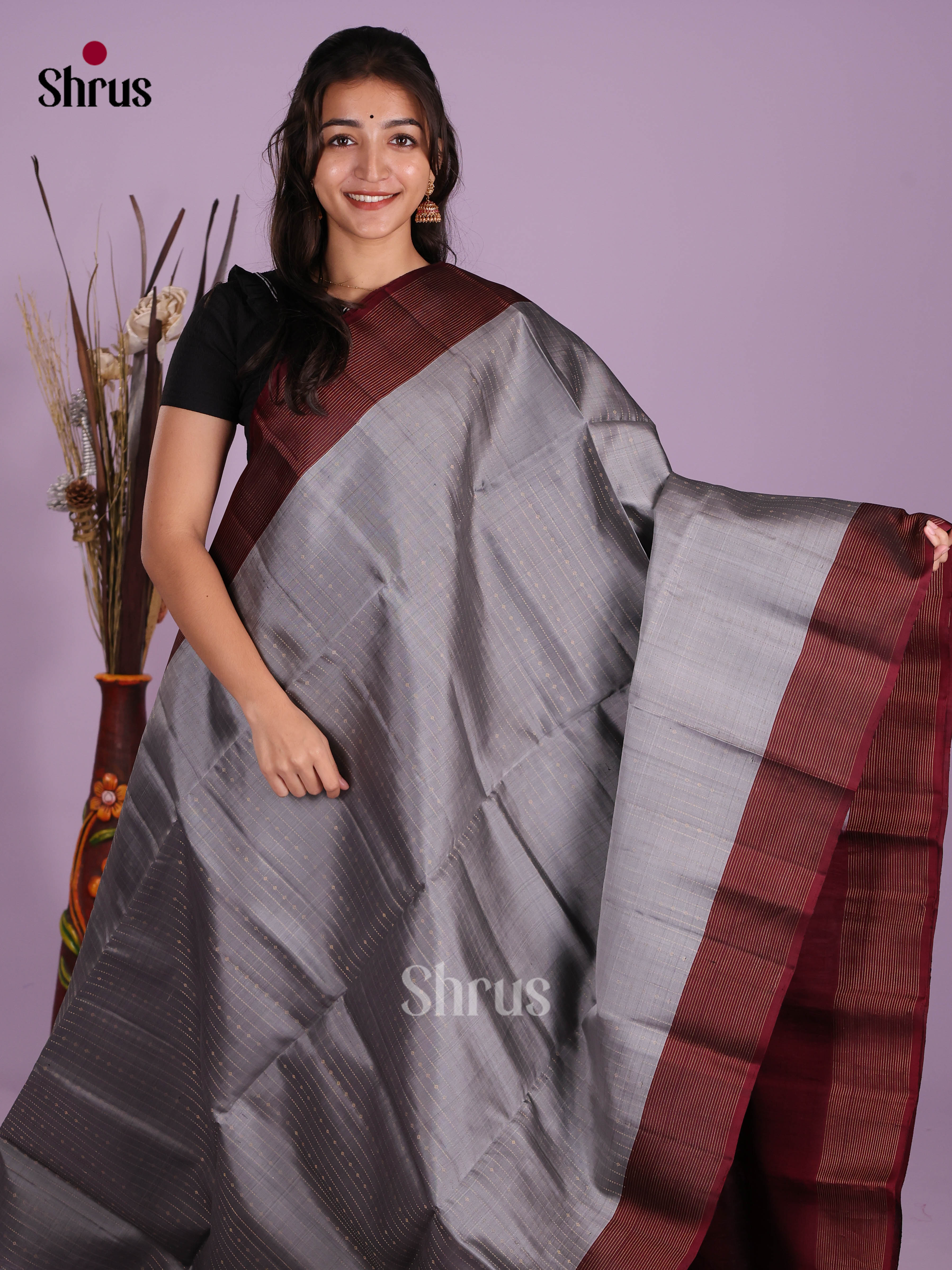 Pretty Grey & Maroon Soft Silk Saree with zari stripes & contrast border