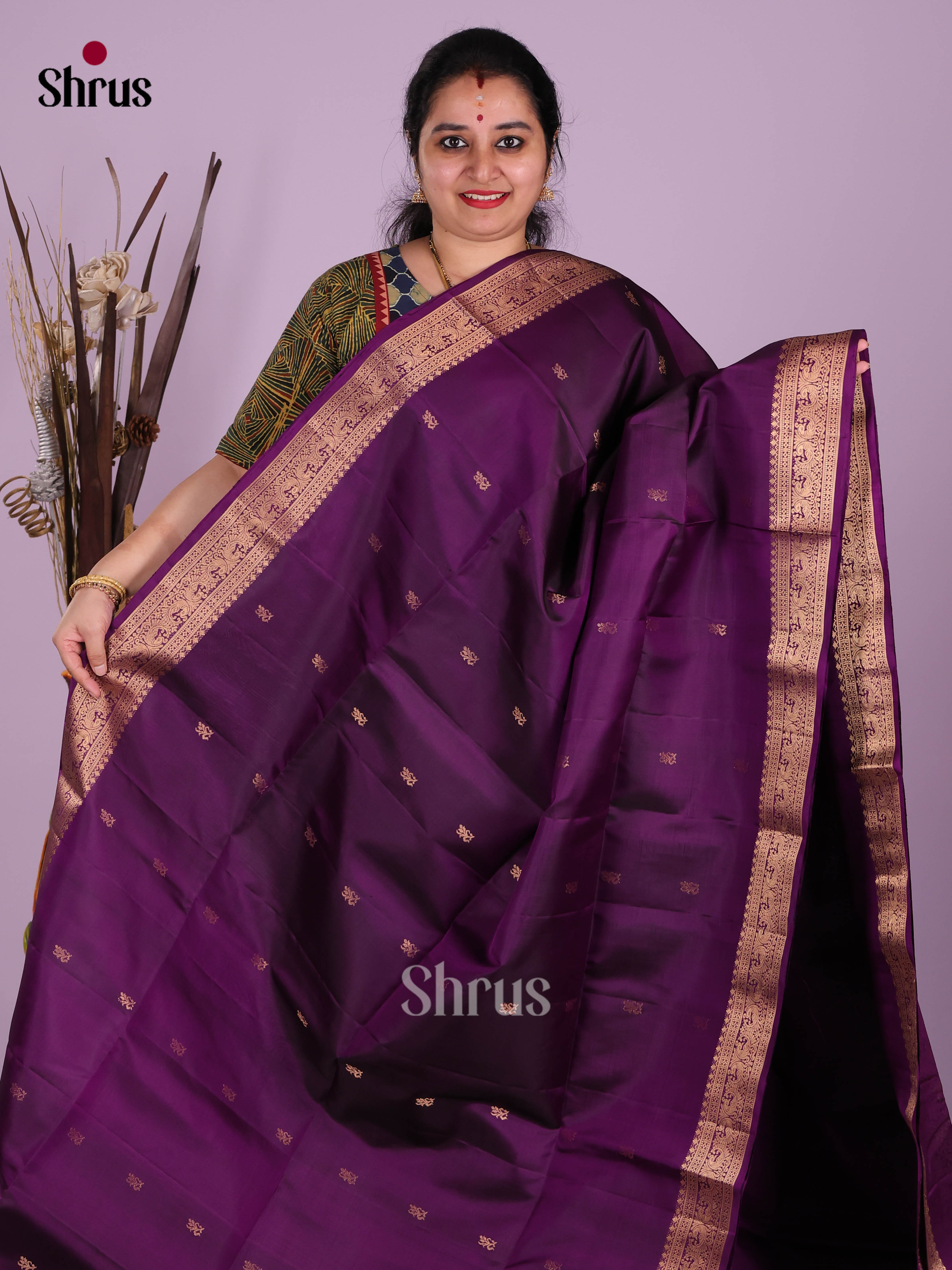 Stunning Violet Soft Silk Saree with Golden buttas & rich Zari border