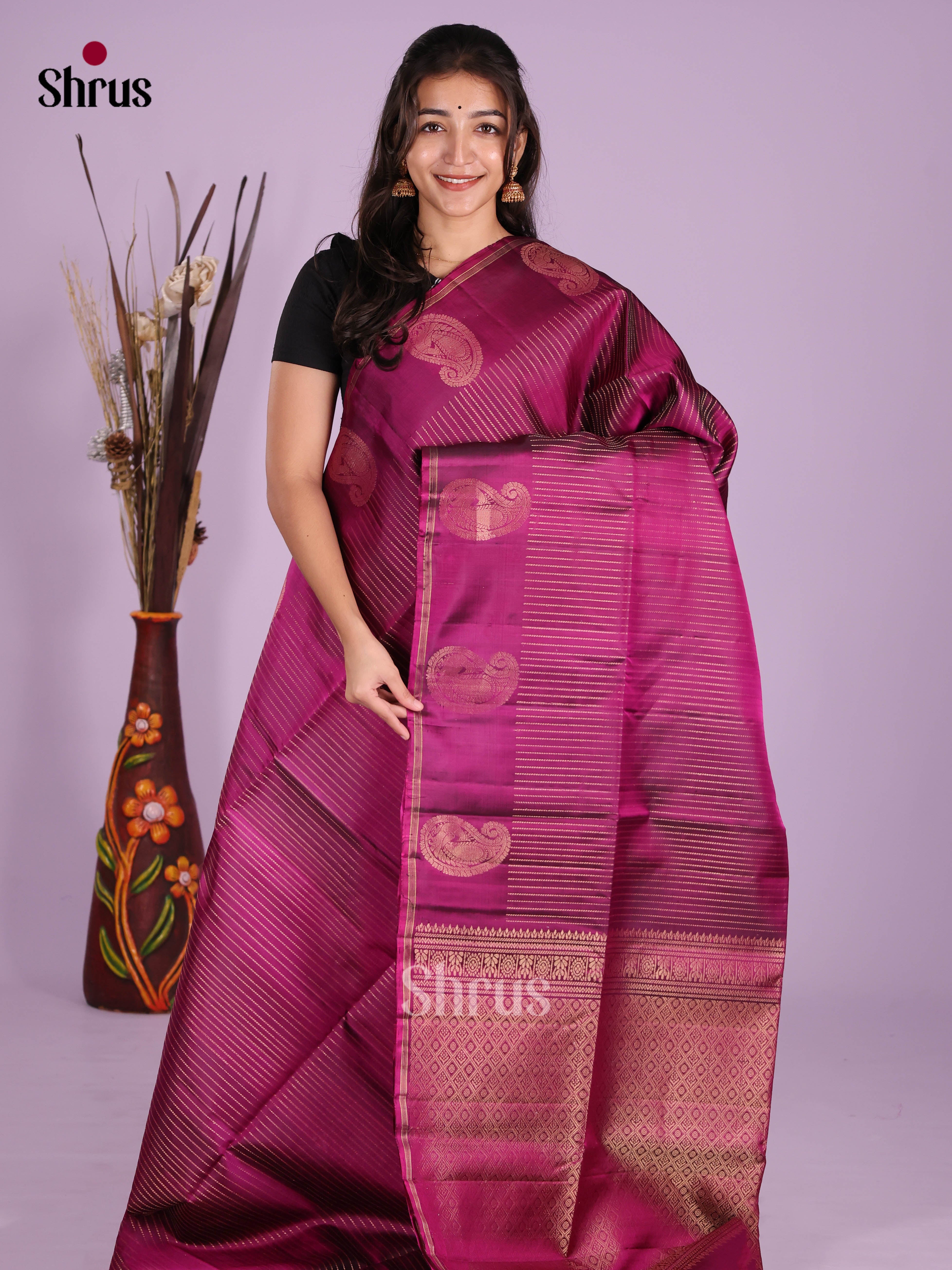 Graceful Wine Soft Silk Saree with Zari Stripes & Paisleys Motifs Border