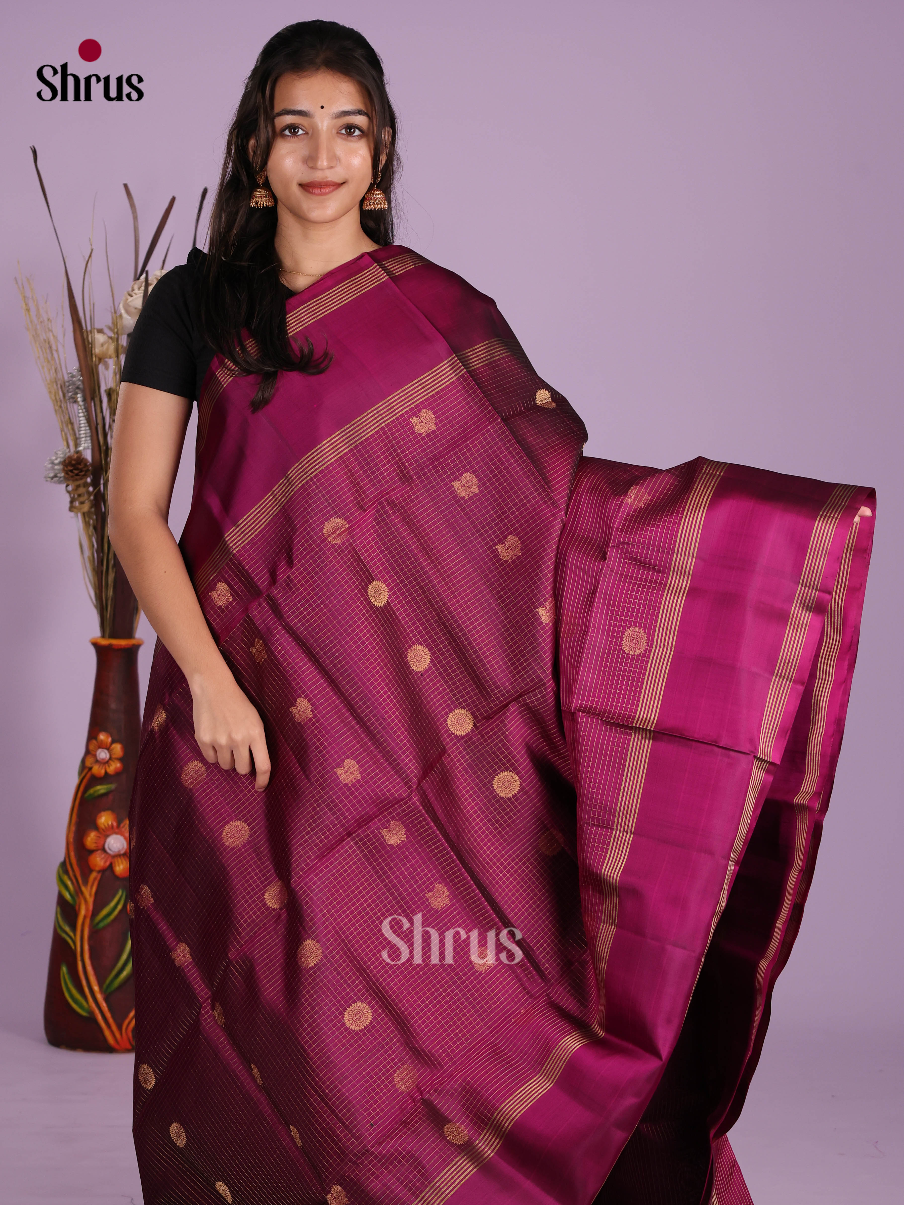 Splendid Maroon Soft Silk Saree with Zari Checks, Buttas & Rettaipet Border
