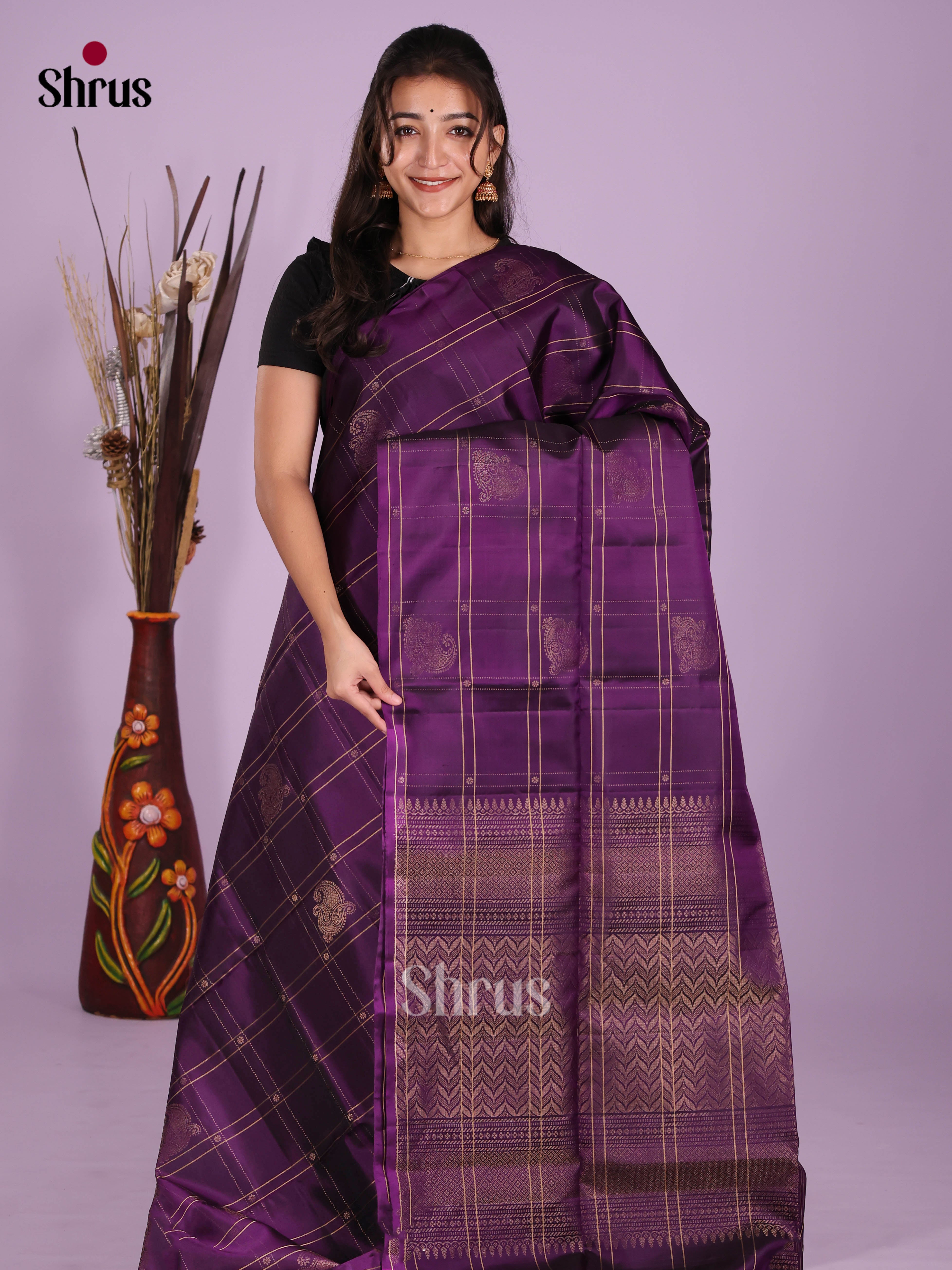 Exquisite Violet Soft Silk Saree with zari checks & floral buttas