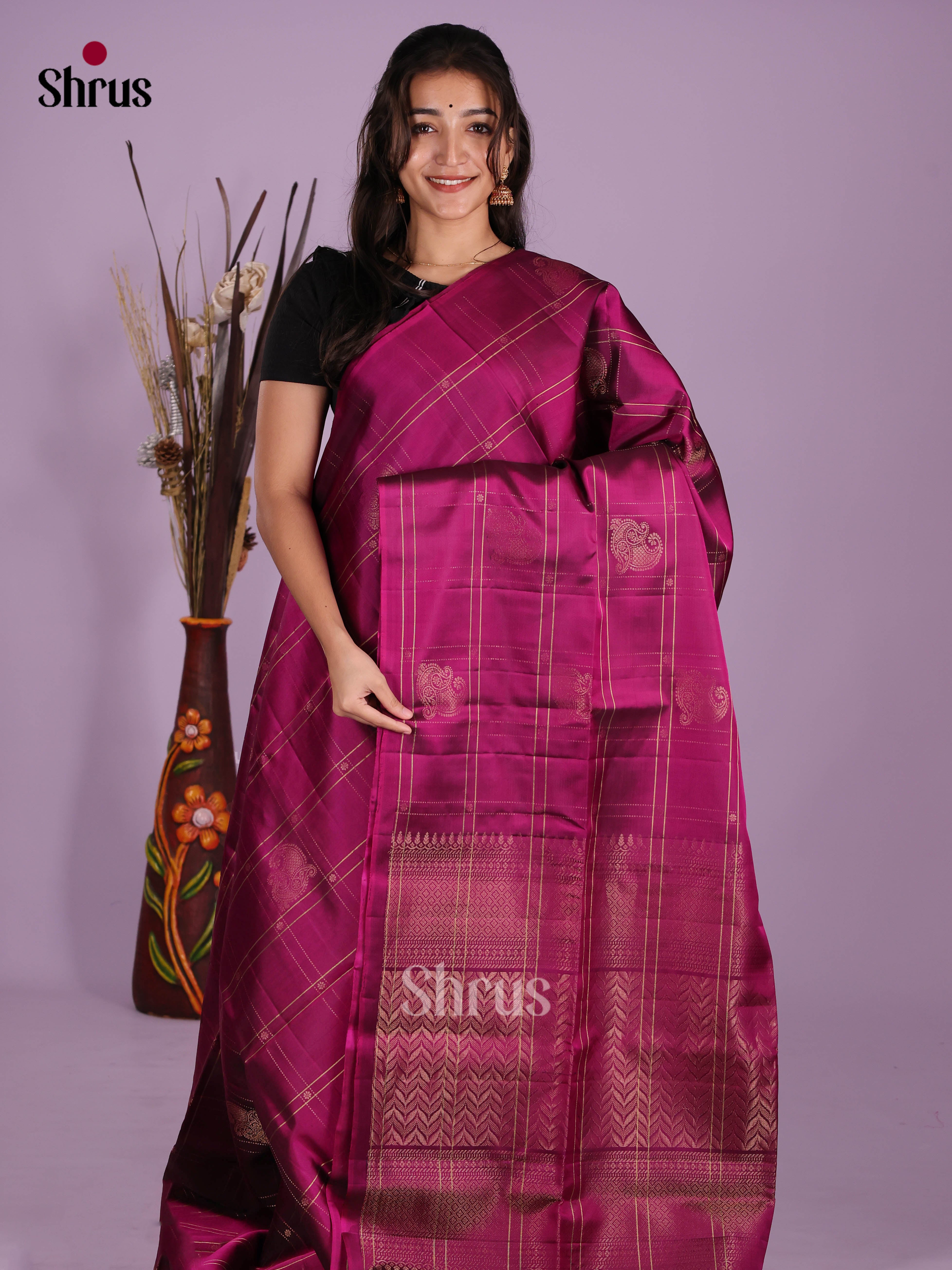 Wine single tone Soft Silk Saree with zari checks & floral buttas - Shop on Shrus.com
