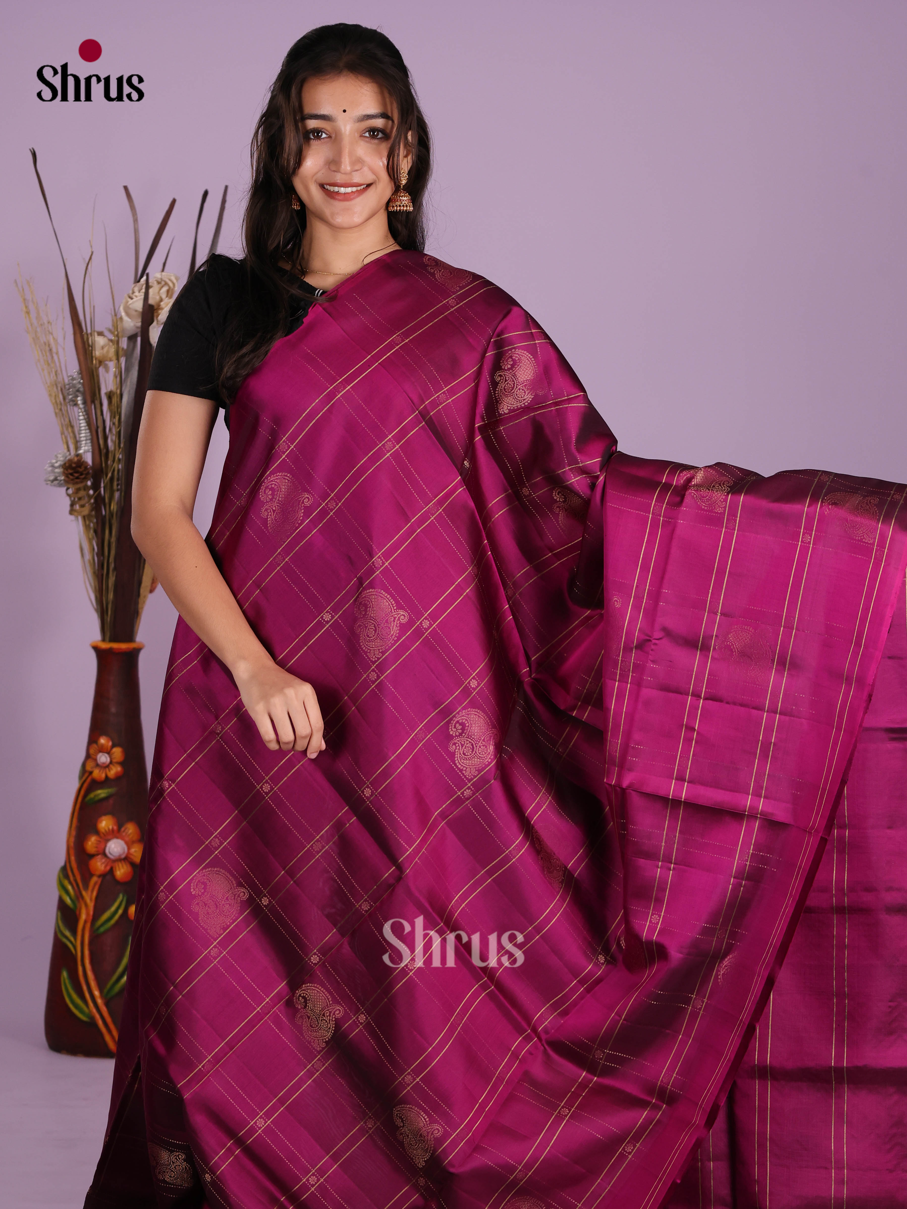 Wine single tone Soft Silk Saree with zari checks & floral buttas - Shop on Shrus.com