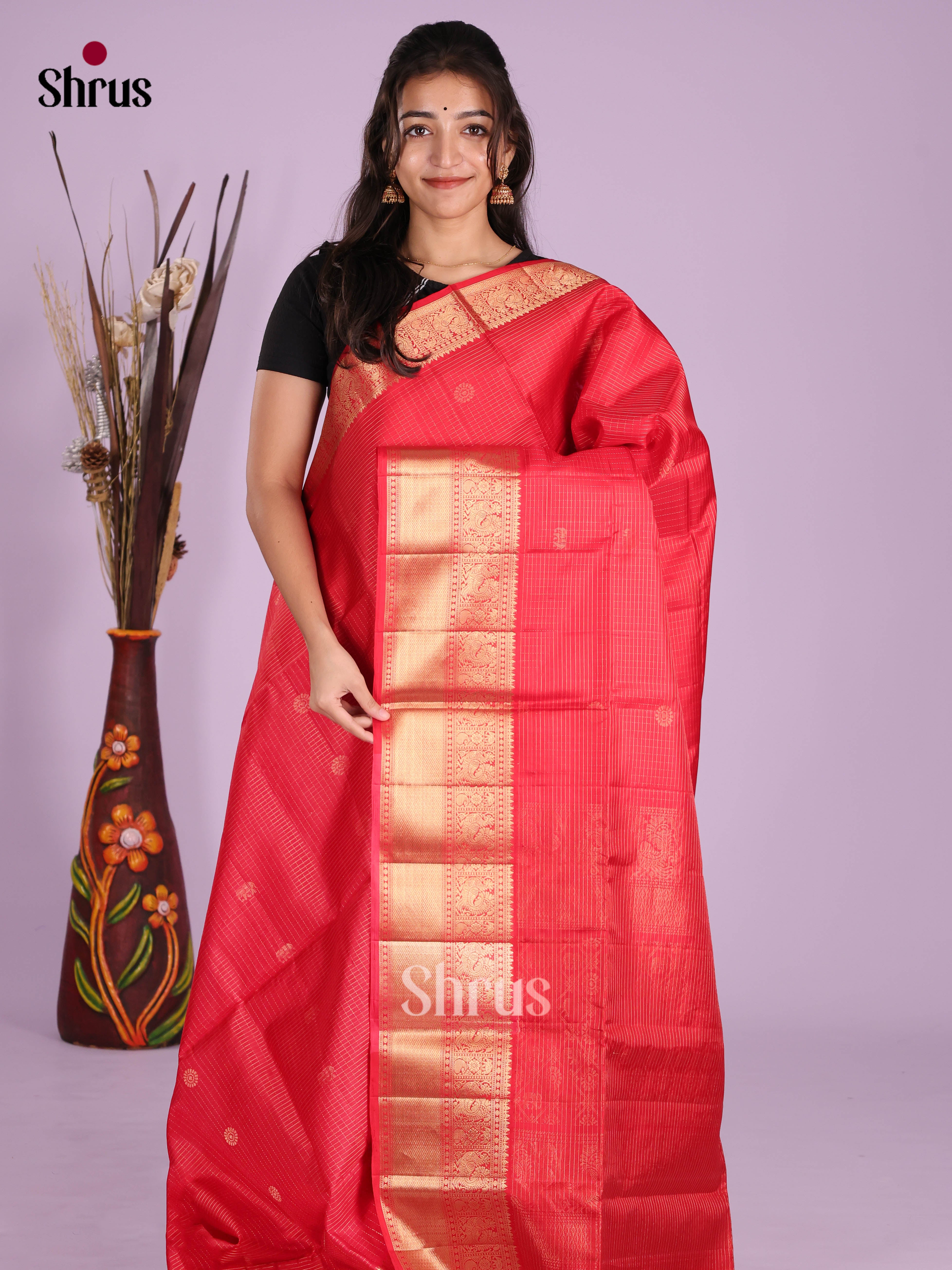 Luxurious Red Soft Silk Saree With Intricate Checks & Floral Buttas