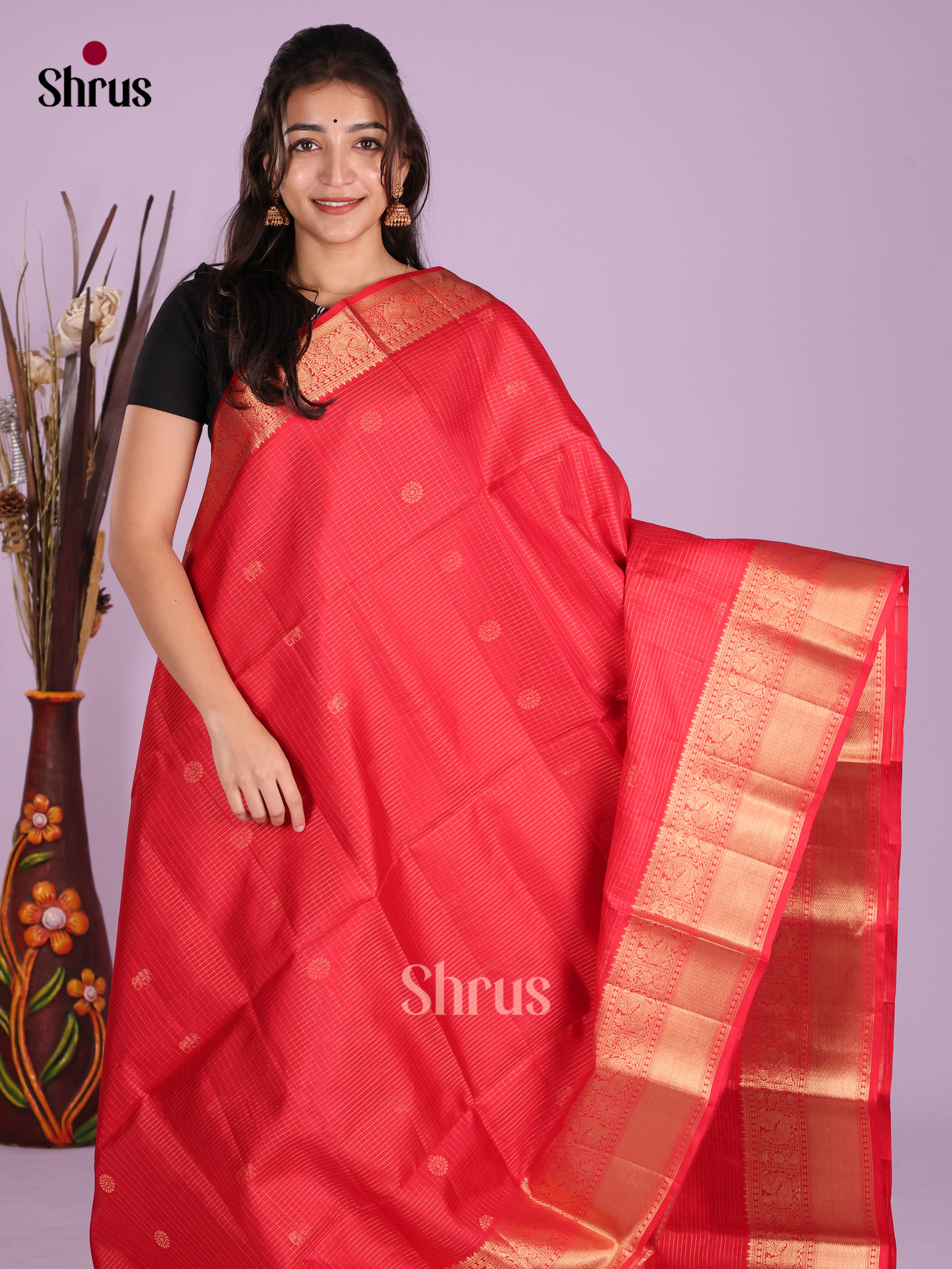 Luxurious Red Soft Silk Saree With Intricate Checks & Floral Buttas
