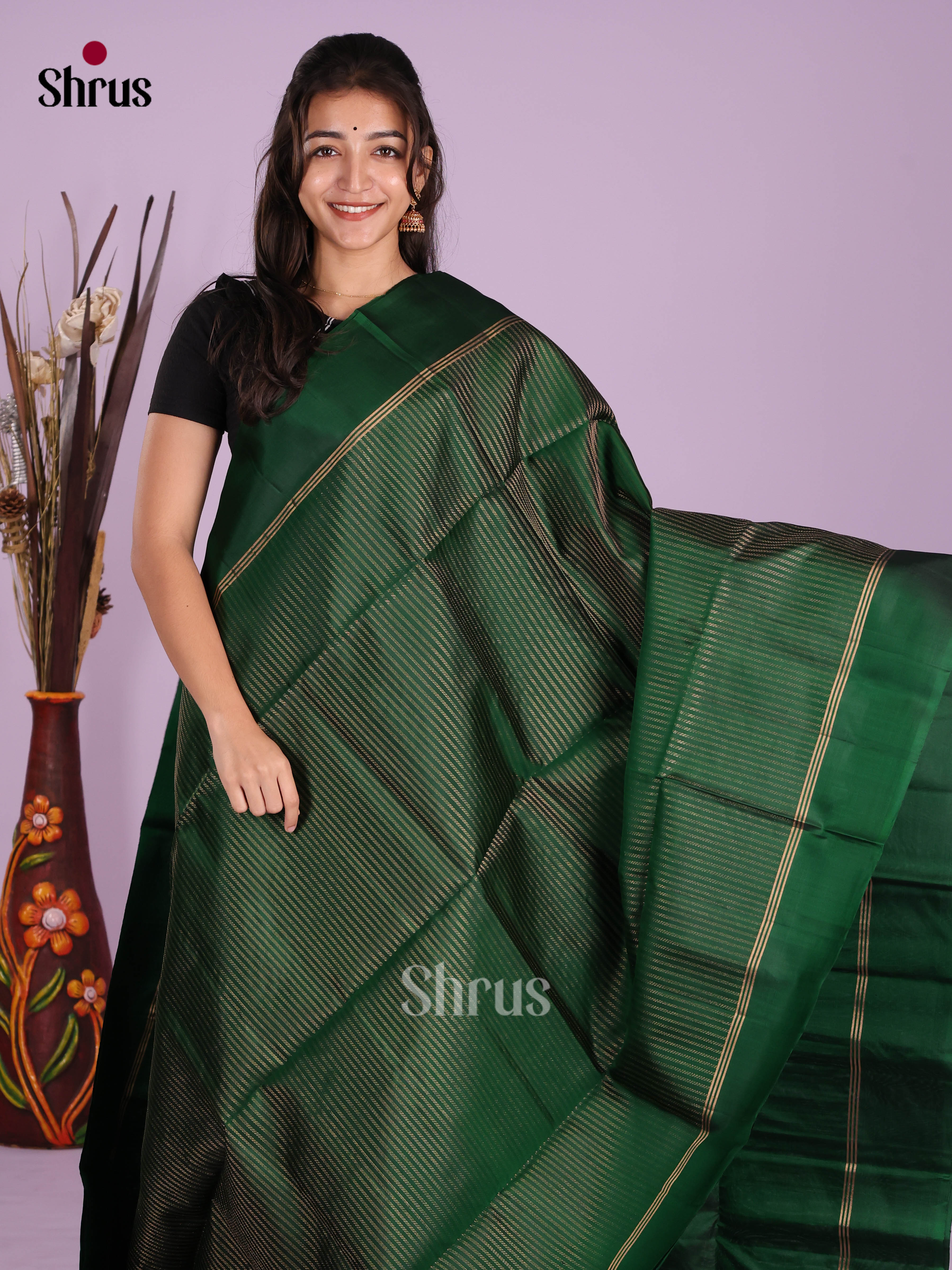 Classic Green single tone Soft Silk Saree with zari stripes & Brocade pallu