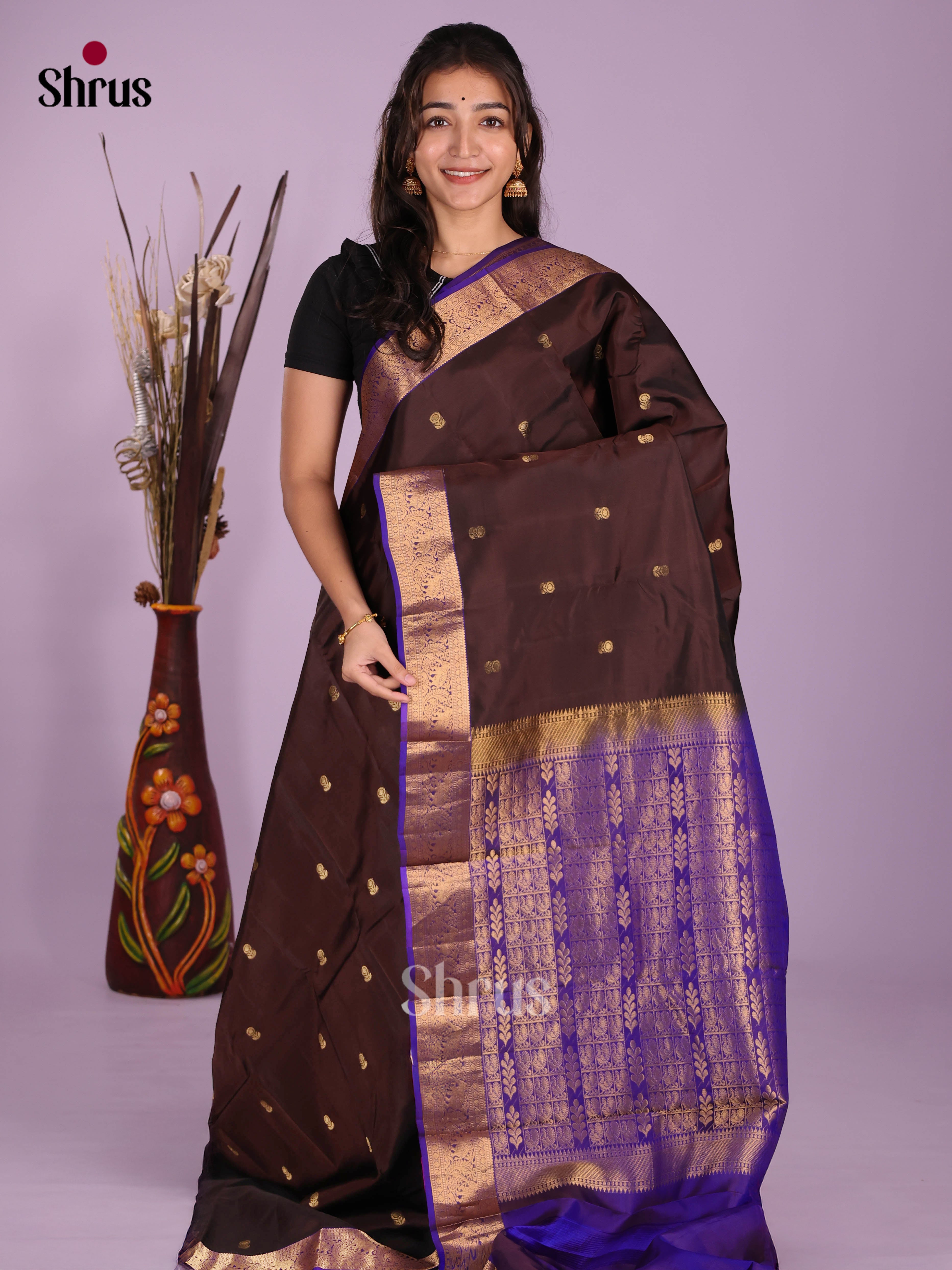 Brown & Blue- Kanchipuram-halfpure Saree