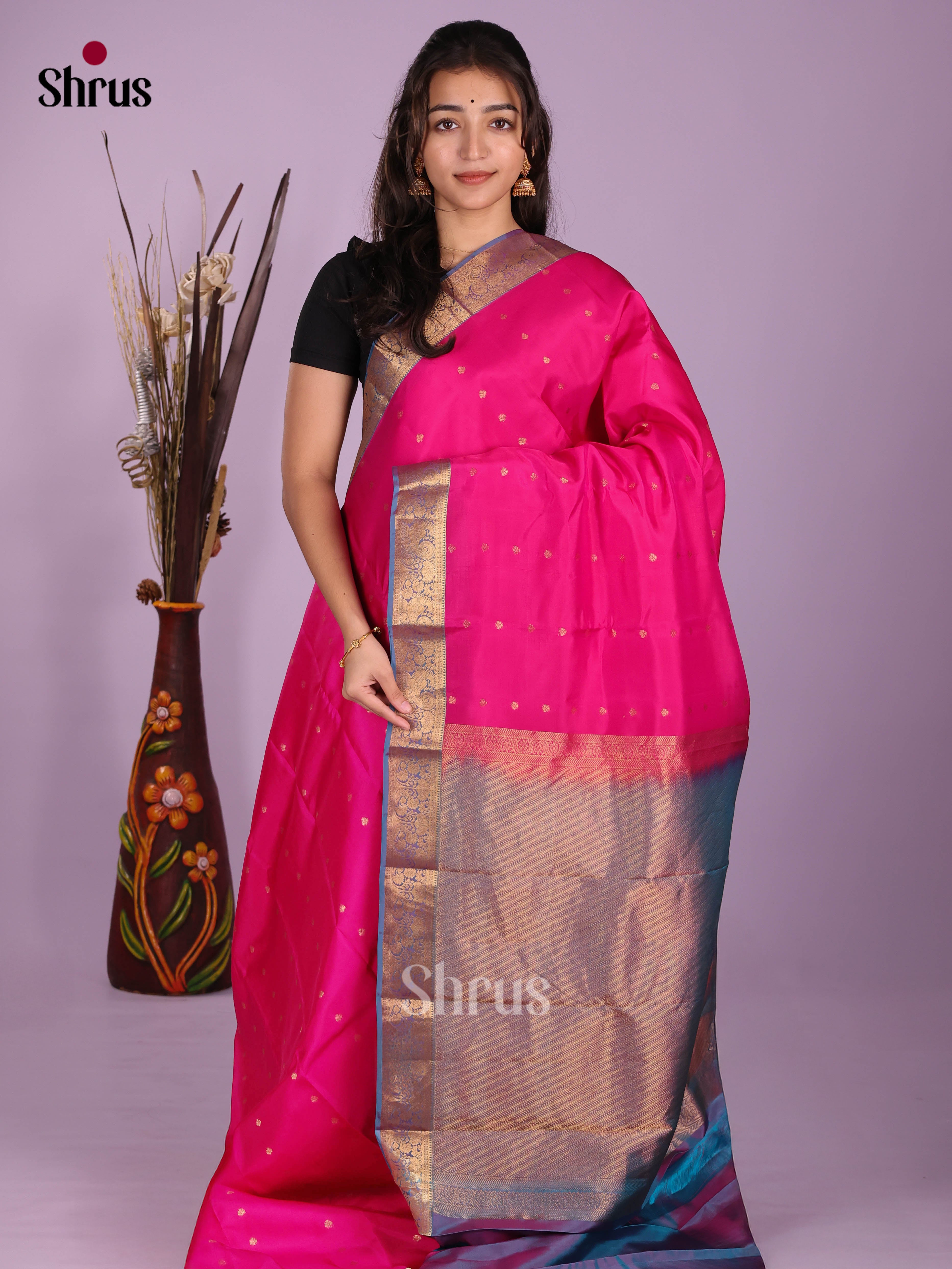 Pink & Blue - Kanchipuram-halfpure Saree - Shop on Shrus.com