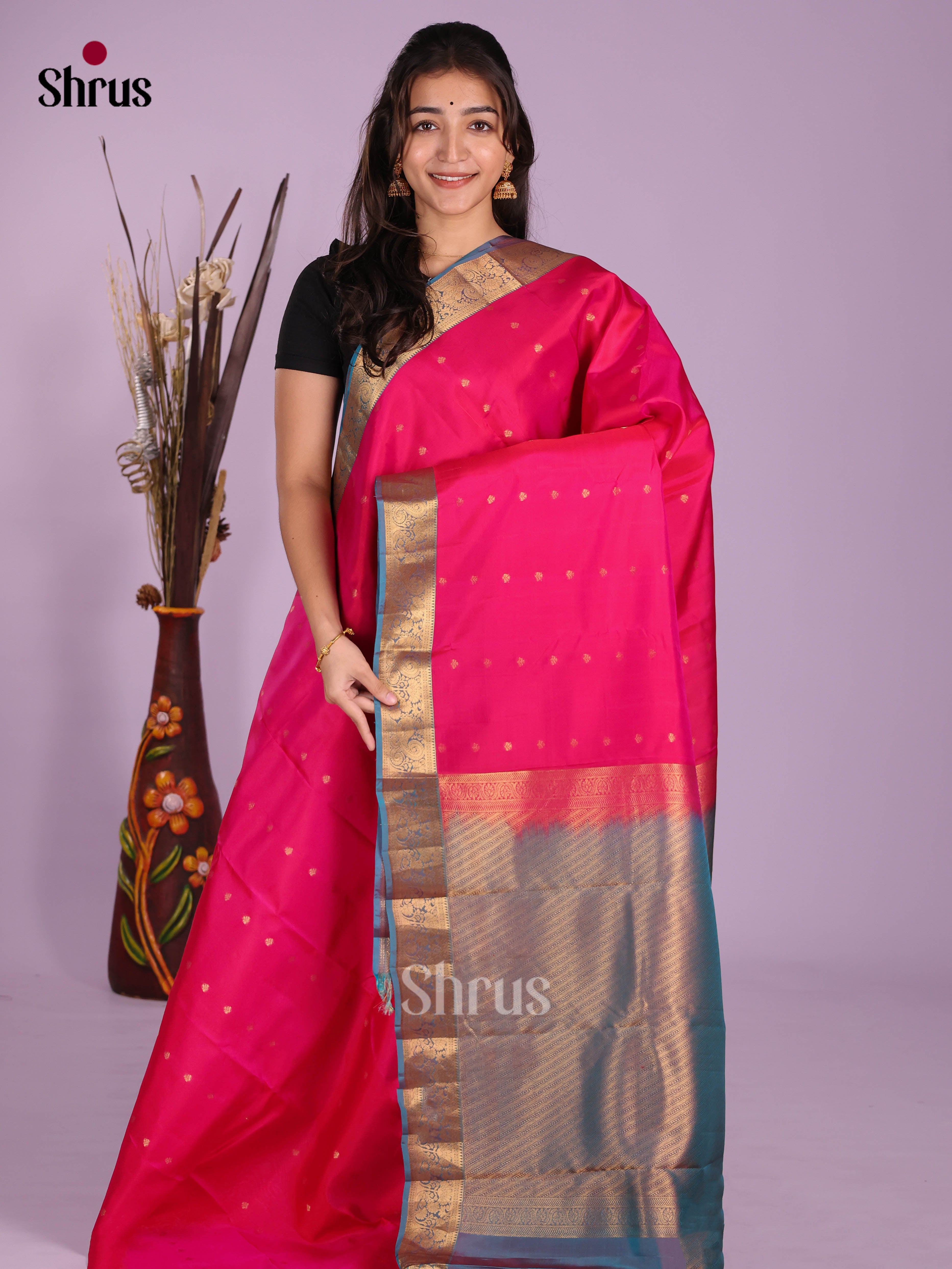 Pink & Blue- Kanchipuram-halfpure Saree - Shop on Shrus.com