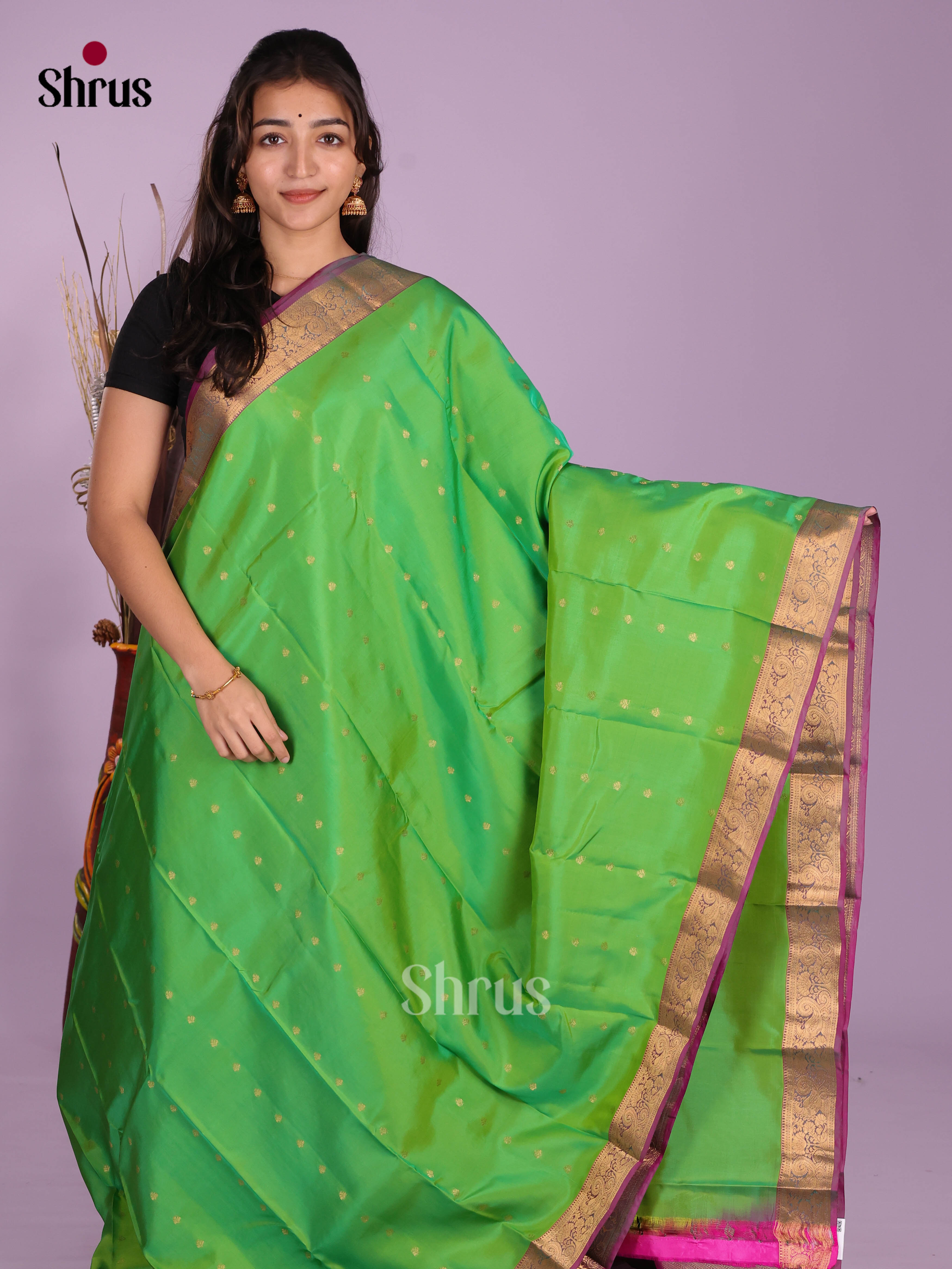Green & Purple- Kanchipuram-halfpure Saree - Shop on Shrus.com