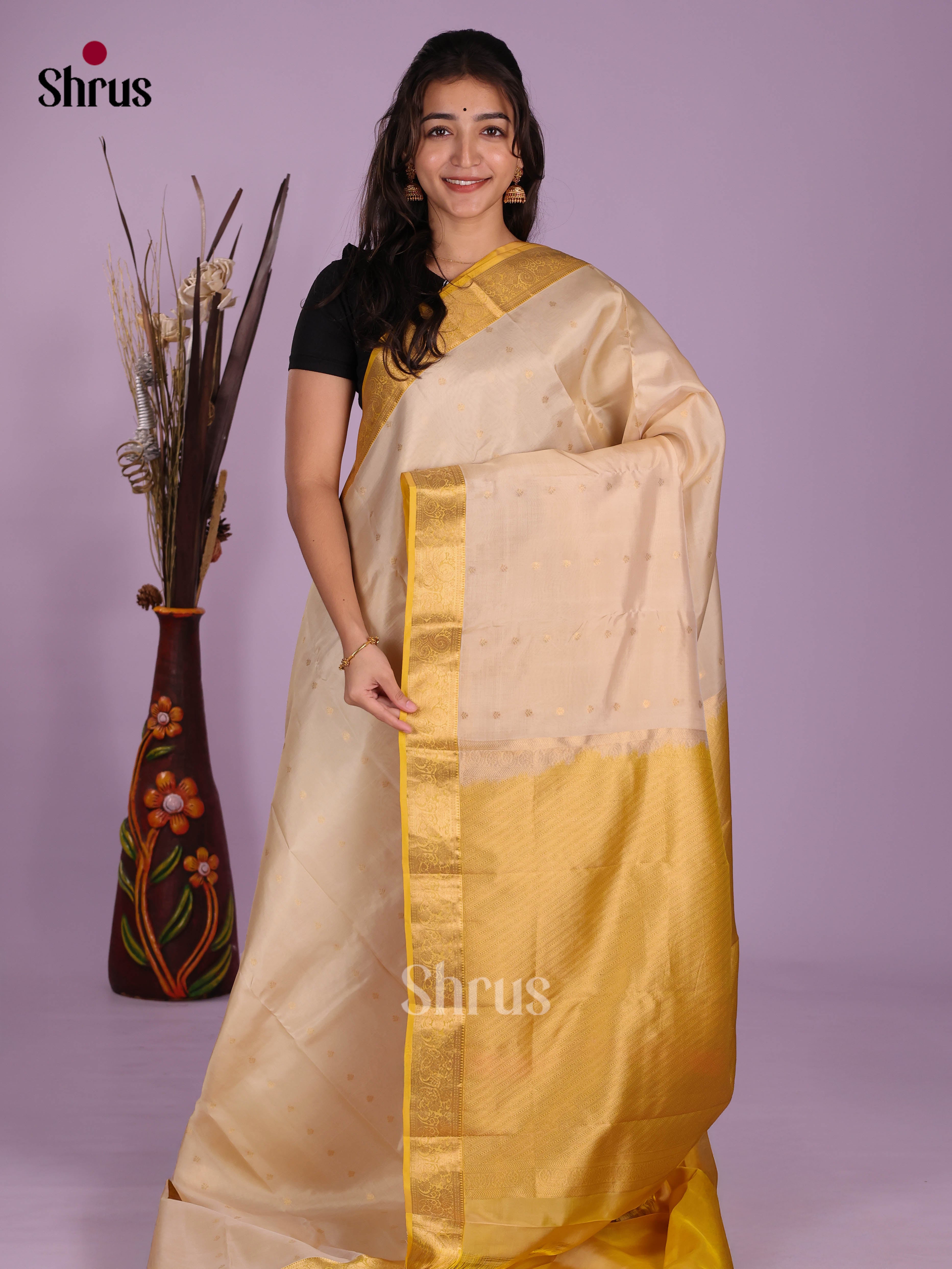 Cream & Yellow - Kanchipuram-halfpure Saree - Shop on Shrus.com